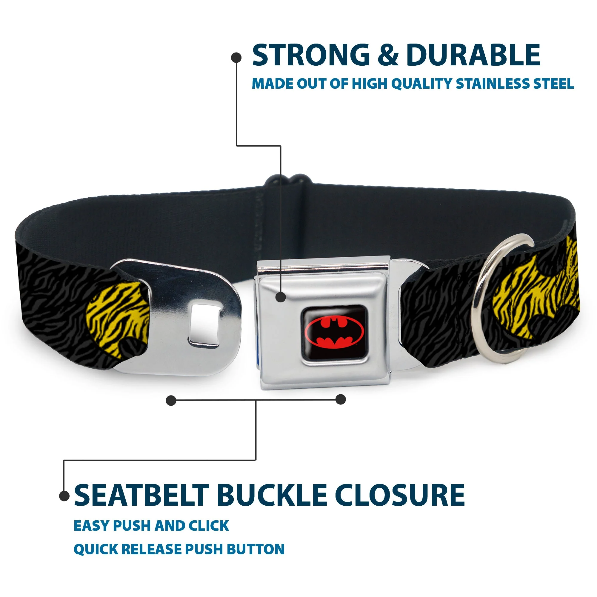 Batman Full Color Black Yellow Seatbelt Buckle Collar - Zebra Bat Signal Black/Gray/Yellow/Black - Image 4