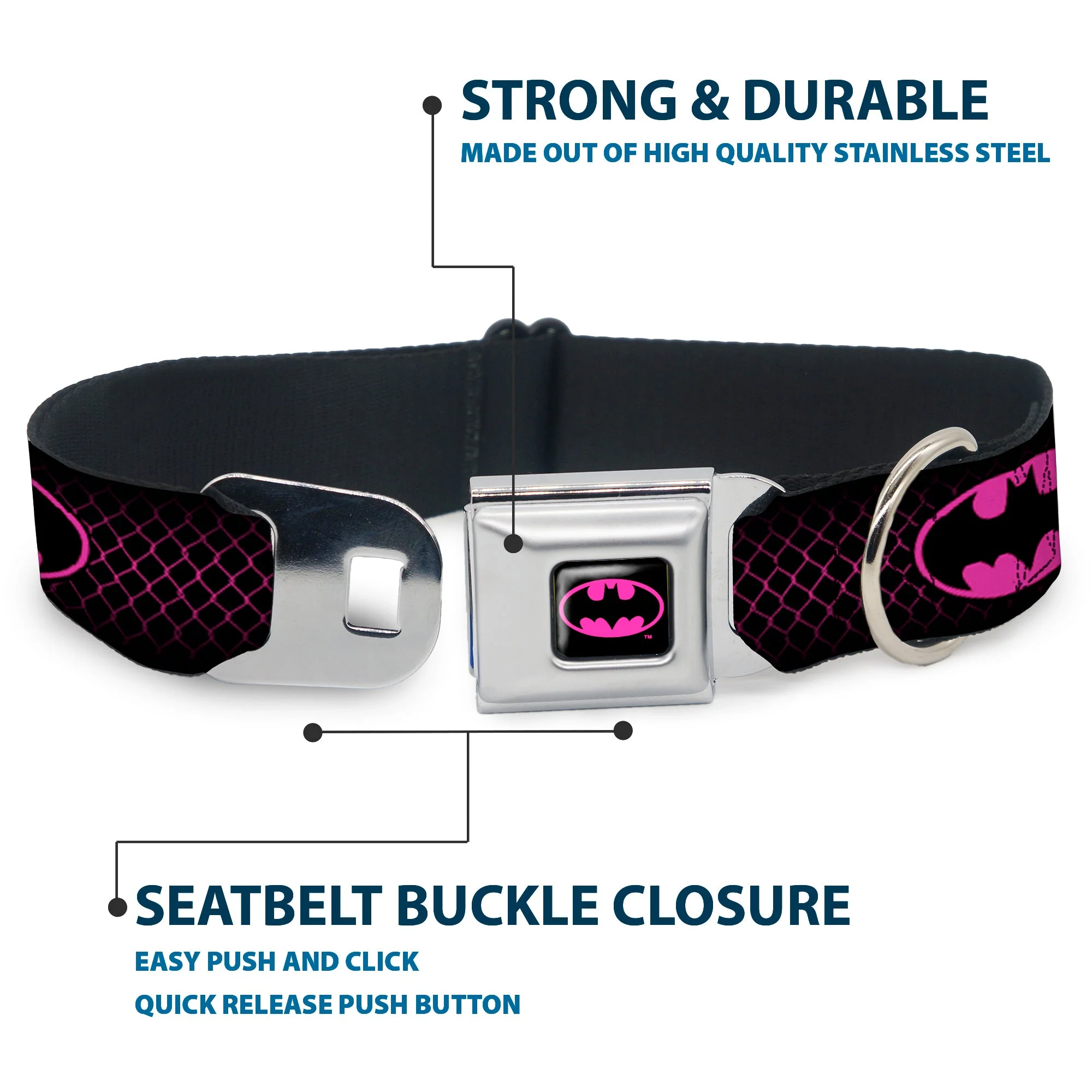 Batman Shield Full Color Black/Hot Pink Seatbelt Buckle Collar - Batman Shield/Chainlink Black/Hot Pink - Image 4