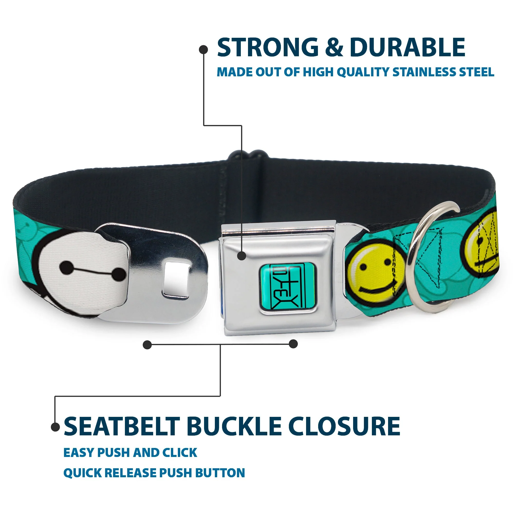 BAYMAX Hanko Full Color Turquoise Black Seatbelt Buckle Collar - Baymax/Mood Expressions/Baymax Scattered Turquoise - Image 4