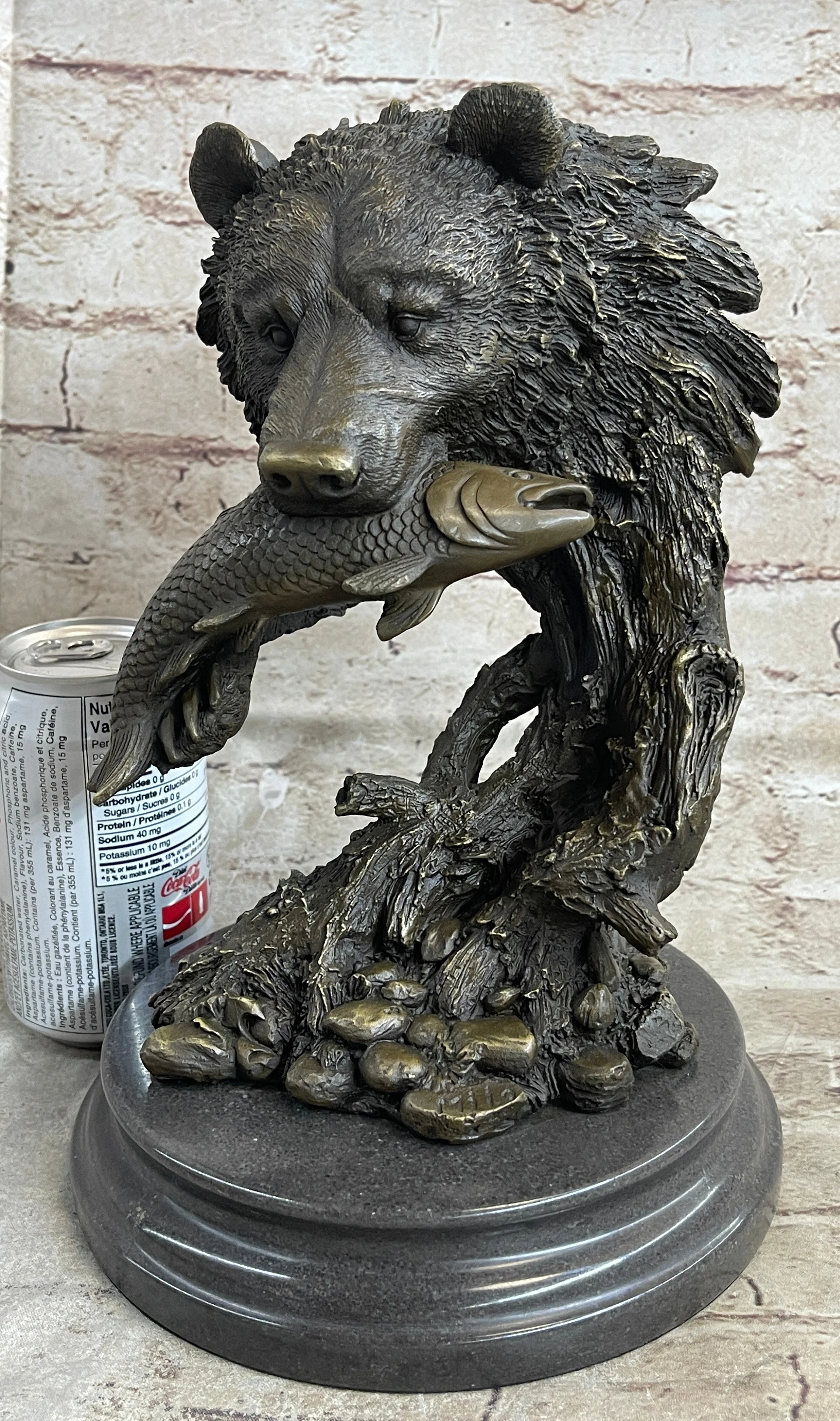 Bear Catching Salmon Bronze Metal Bust Statue Sculpture Original Art on Marble Base - Image 2
