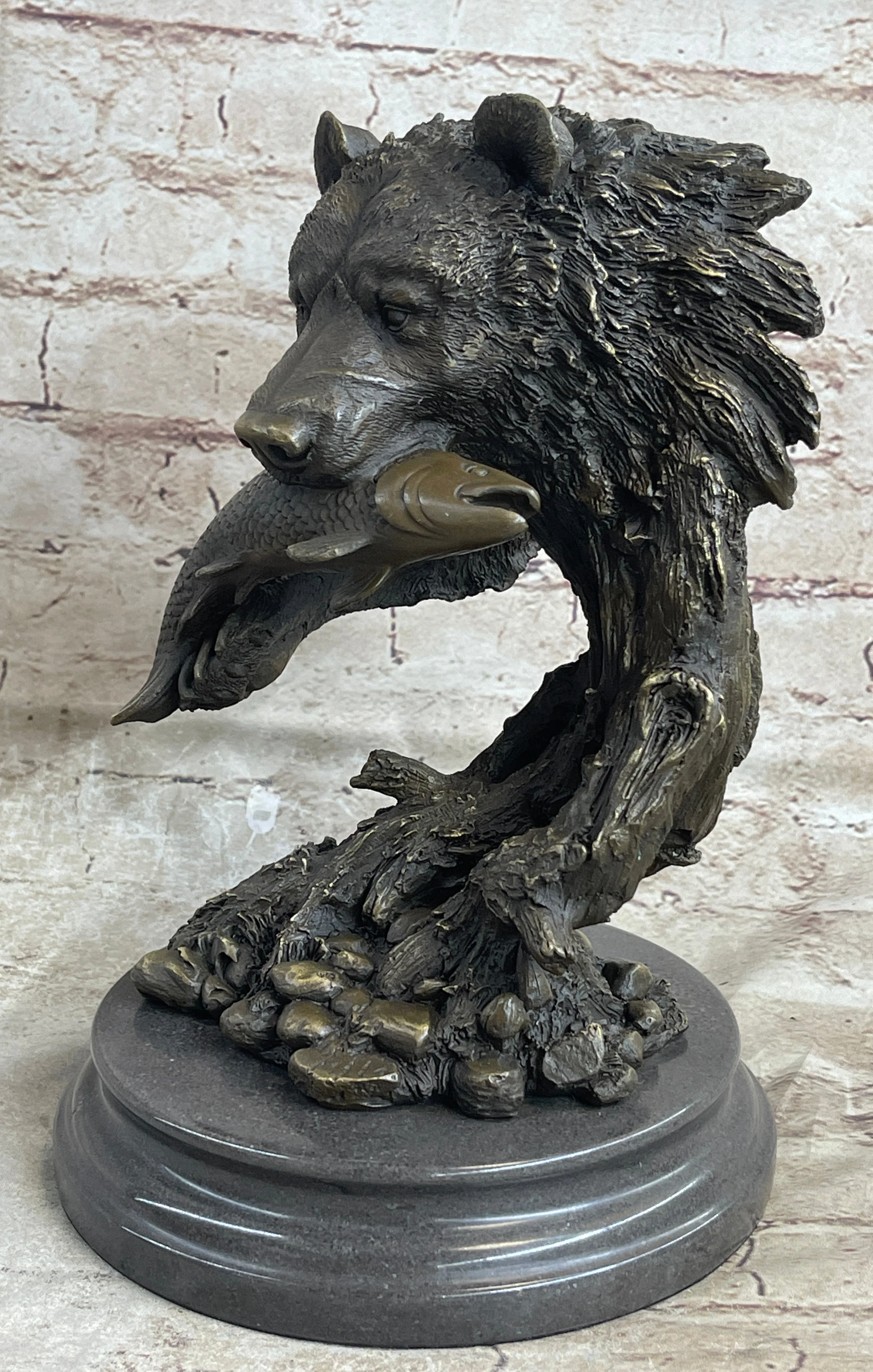 Bear Catching Salmon Bronze Metal Bust Statue Sculpture Original Art on Marble Base - Image 4