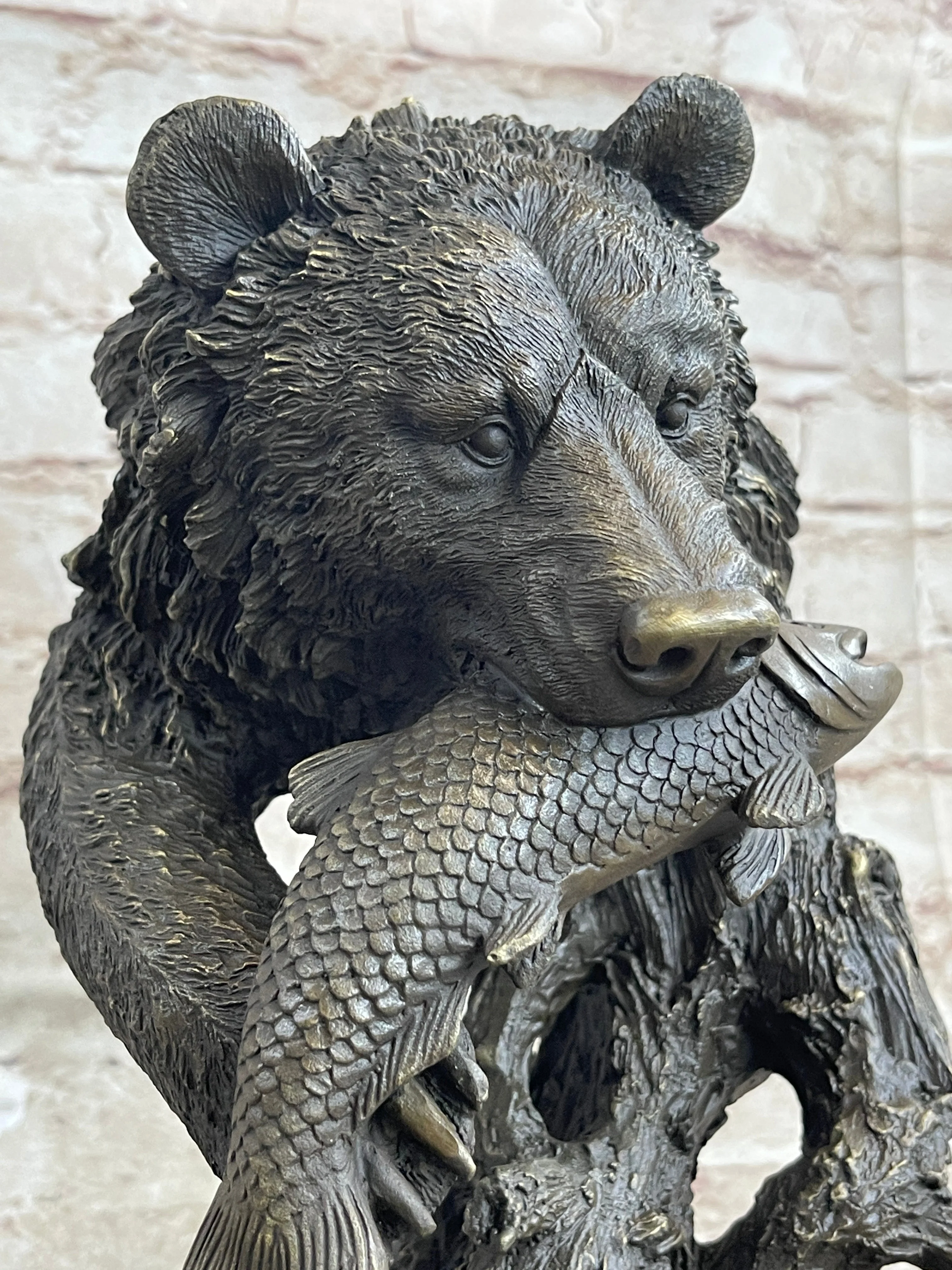 Bear Catching Salmon Bronze Metal Bust Statue Sculpture Original Art on Marble Base - Image 7