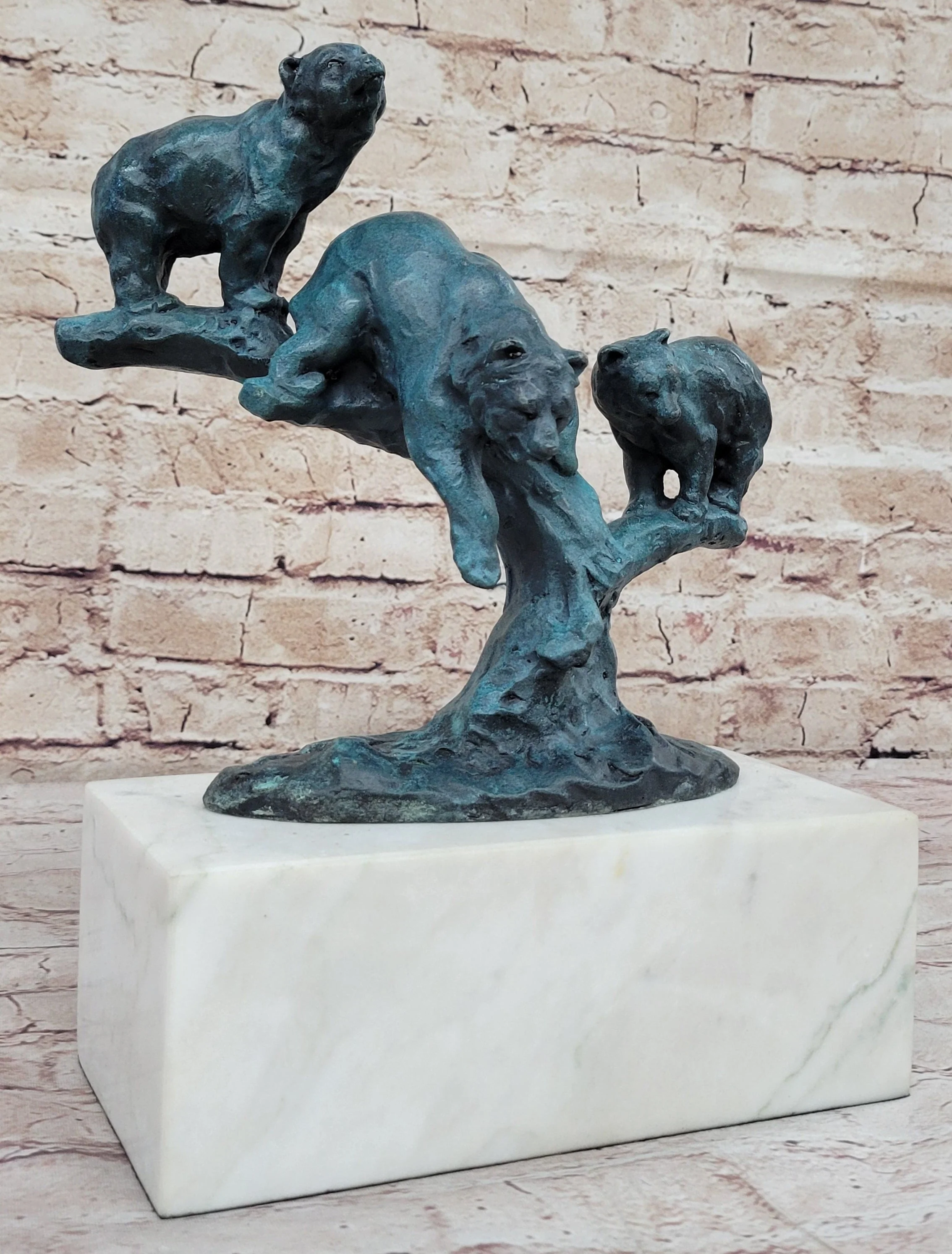 Bear Family Bears on Tree Branch - Bronze Metal Sculpture on White Marble Base - Image 3