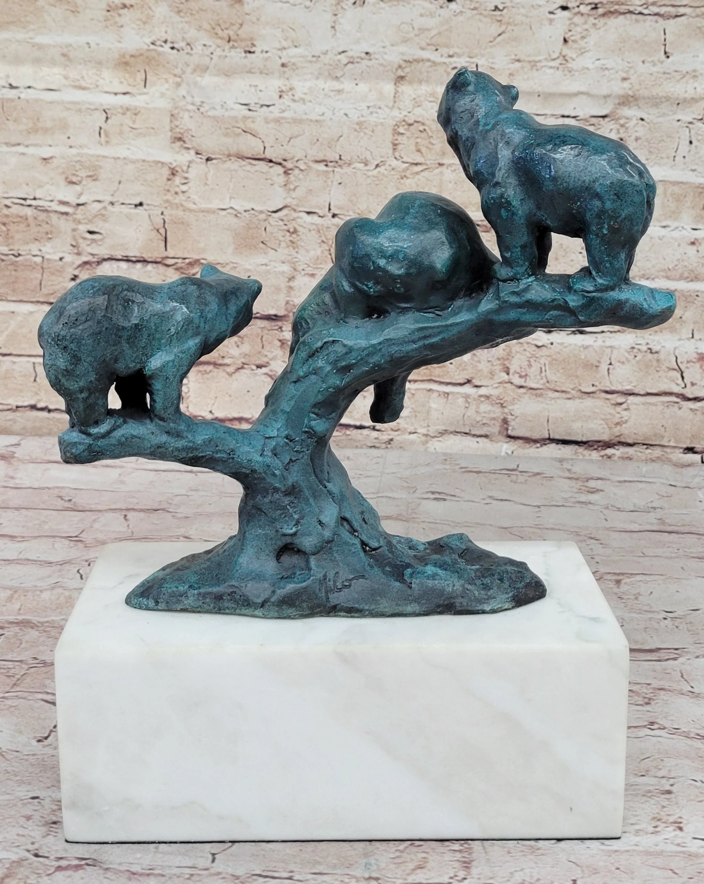 Bear Family Bears on Tree Branch - Bronze Metal Sculpture on White Marble Base - Image 5