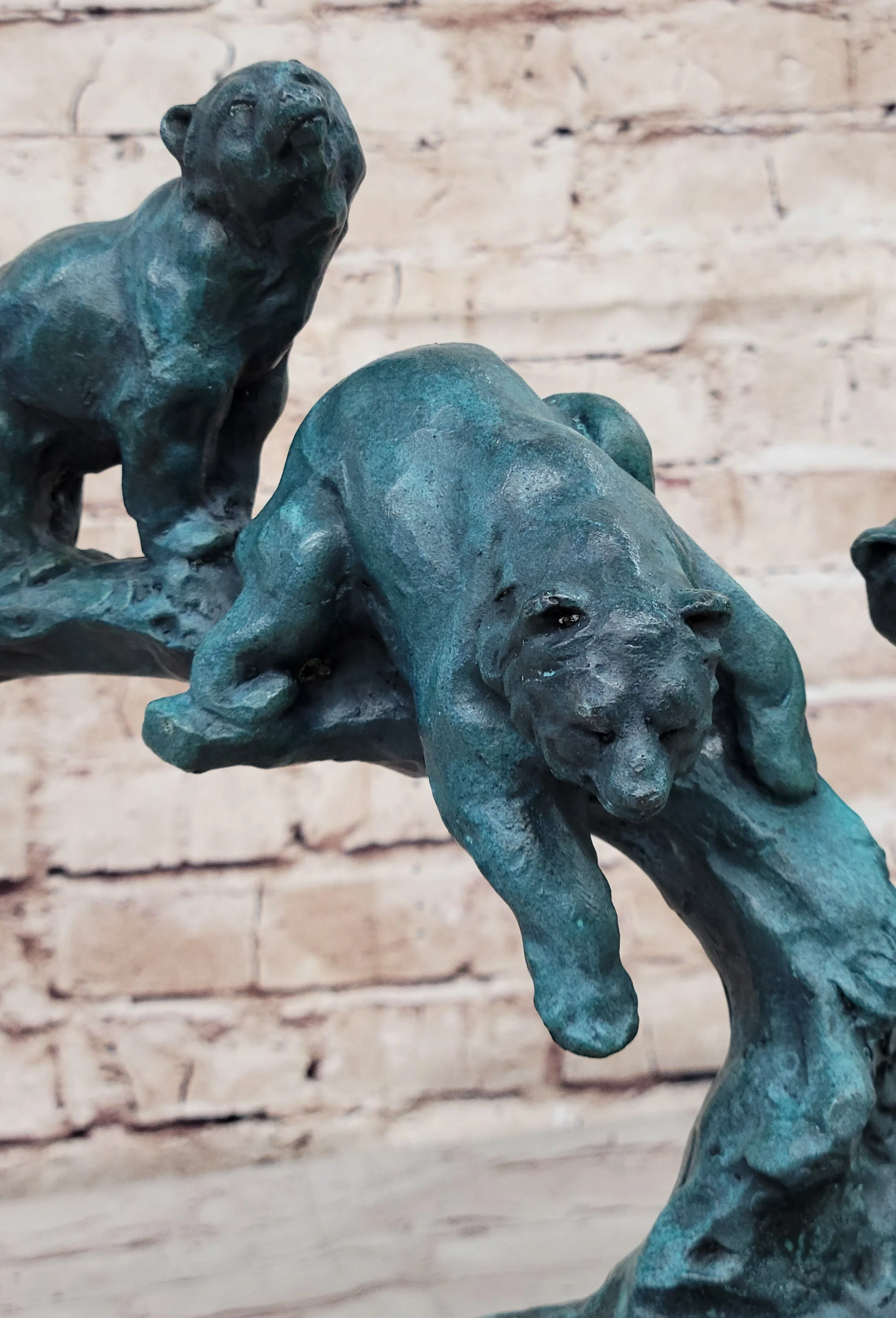 Bear Family Bears on Tree Branch - Bronze Metal Sculpture on White Marble Base - Image 6