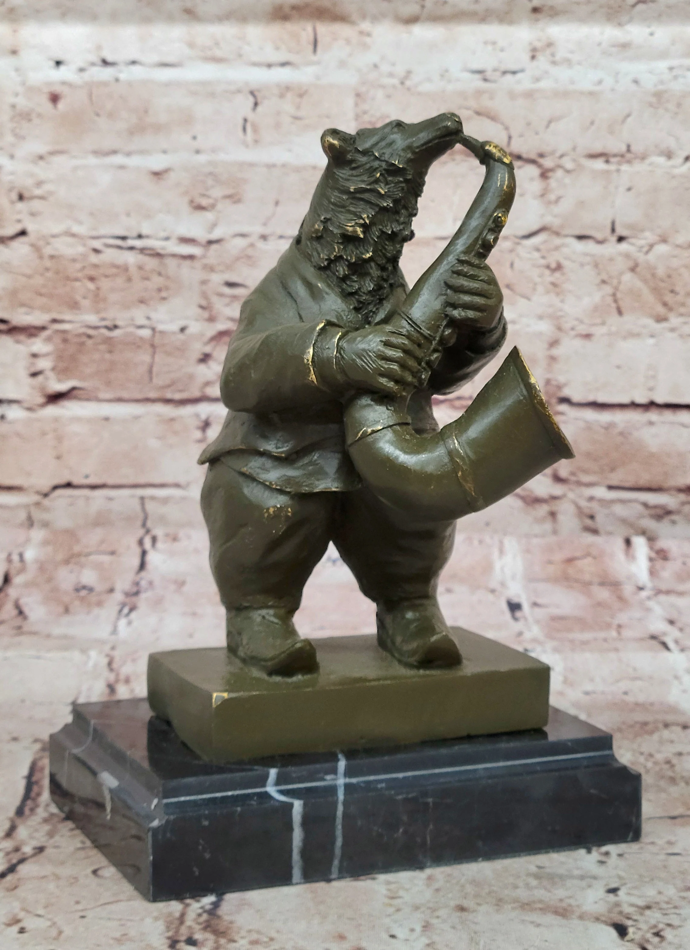 Bear Playing Saxophone Bronze Sculpture - Whimsical Animal Music Art - Image 3