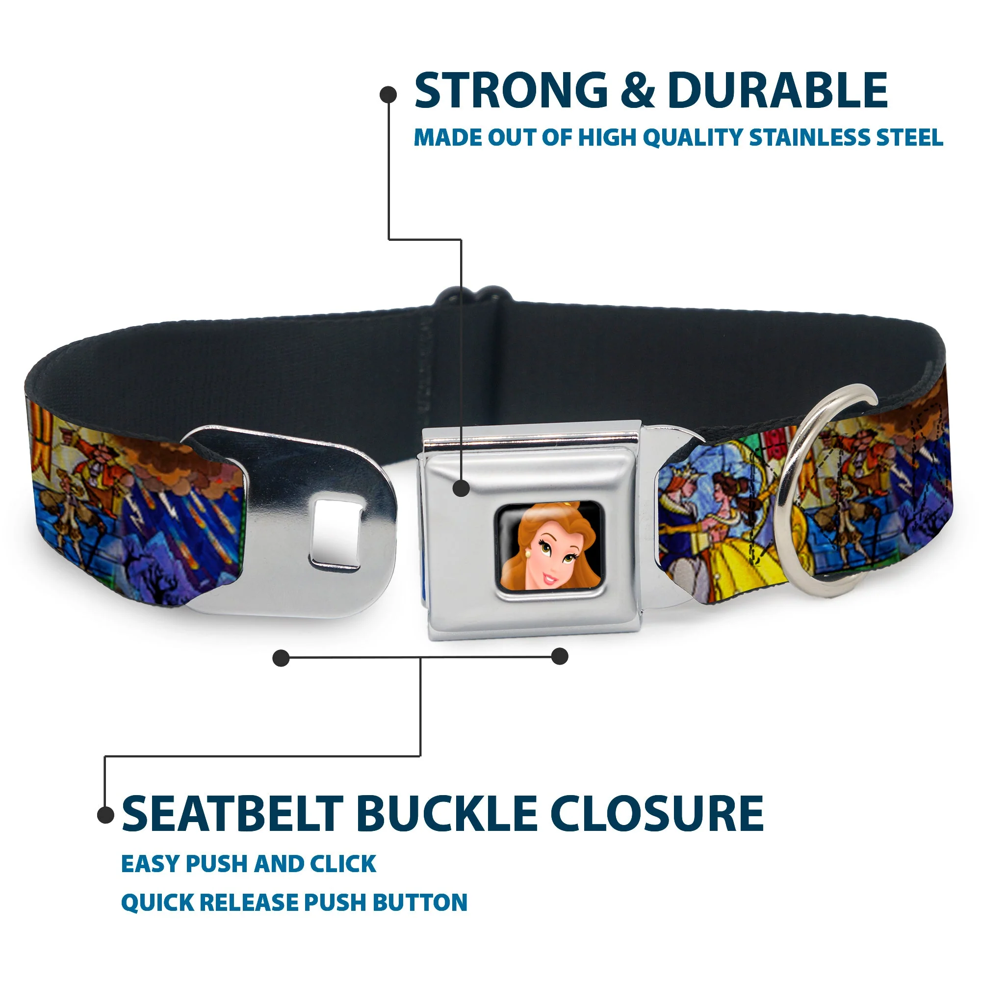 Belle CLOSE-UP Full Color Seatbelt Buckle Collar - Beauty & the Beast Stained Glass Scenes - Image 4