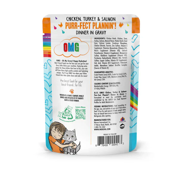 BFF OMG Adult Purr-fect Plannin Chicken, Turkey, and Salmon Wet Cat Pouch (2.8oz) - Image 2