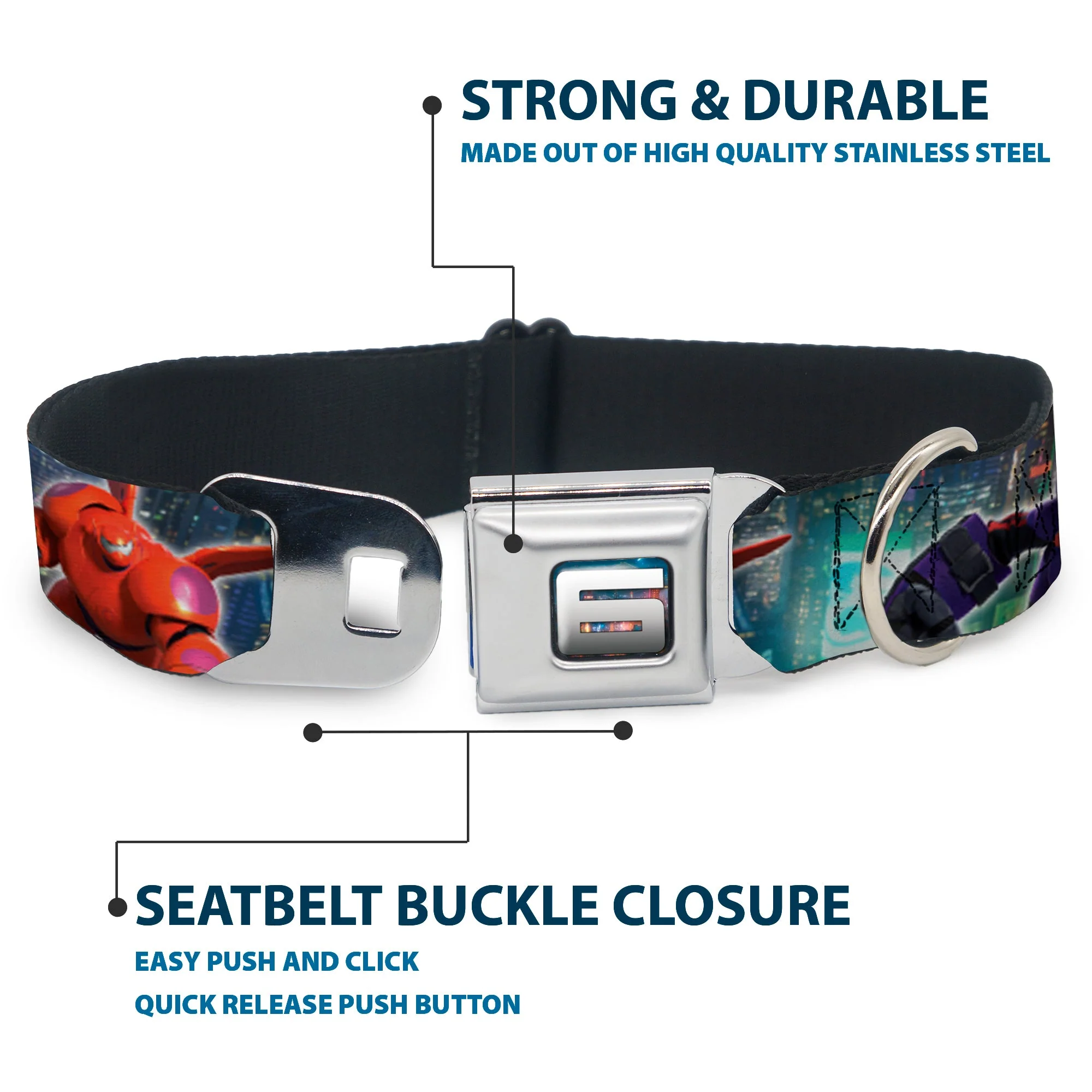 Big Hero "6" Name Blocks Full Color Black Gray White Seatbelt Buckle Collar - Hiro & Baymax Action Poses/San Fransokyo - Image 4