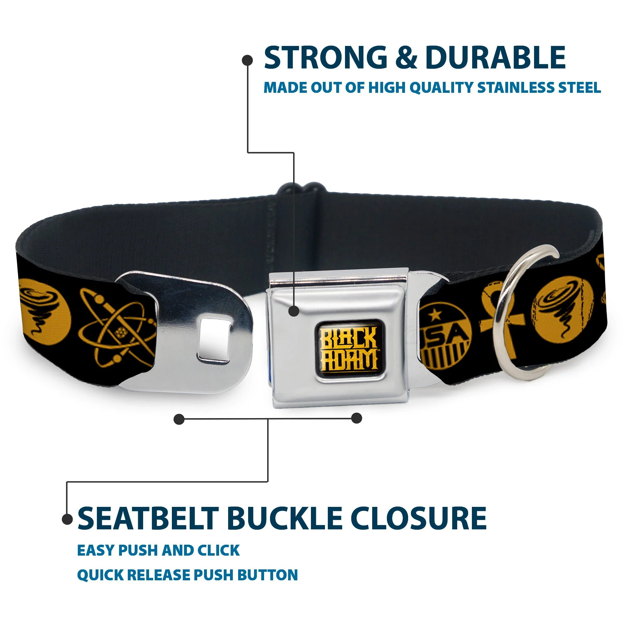 BLACK ADAM Title Logo Full Color Black/Yellows Seatbelt Buckle Collar - Black Adam Justice Society Icons Black/Orange - Image 4