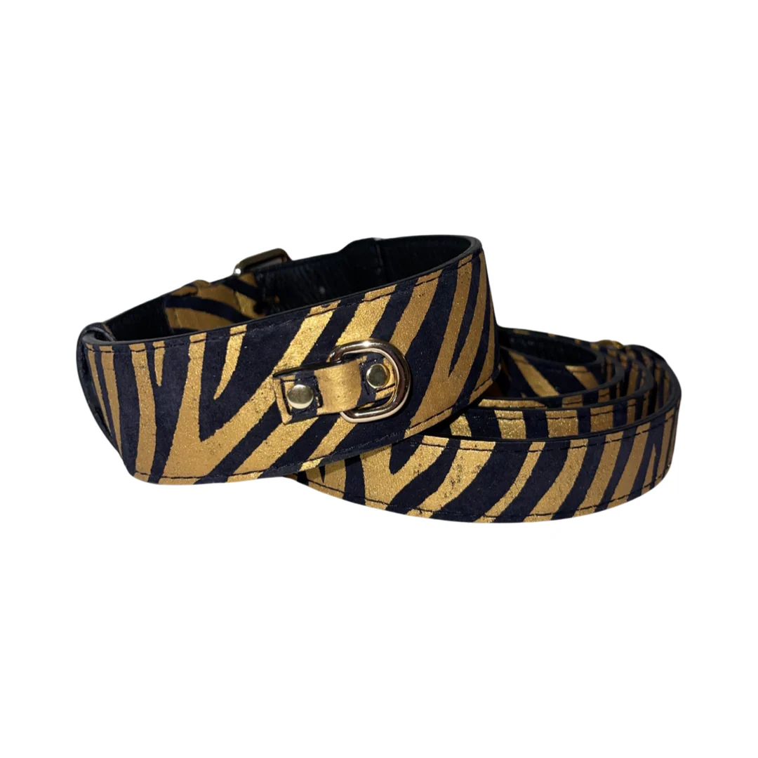Black & Gold Zebra Print Italian Leather Classic Collar & Leash Set - Image 2