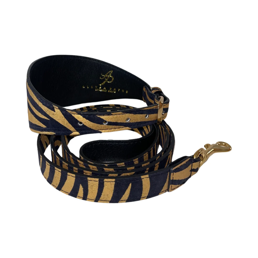 Black & Gold Zebra Print Italian Leather Collar & Leash Set - Image 3