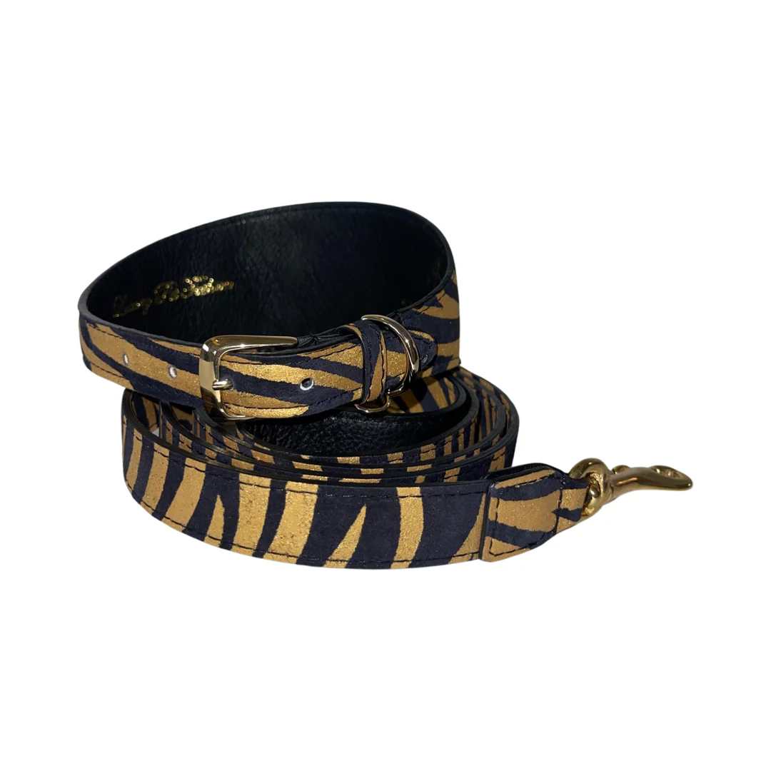 Black & Gold Zebra Print Italian Leather Collar & Leash Set - Image 5