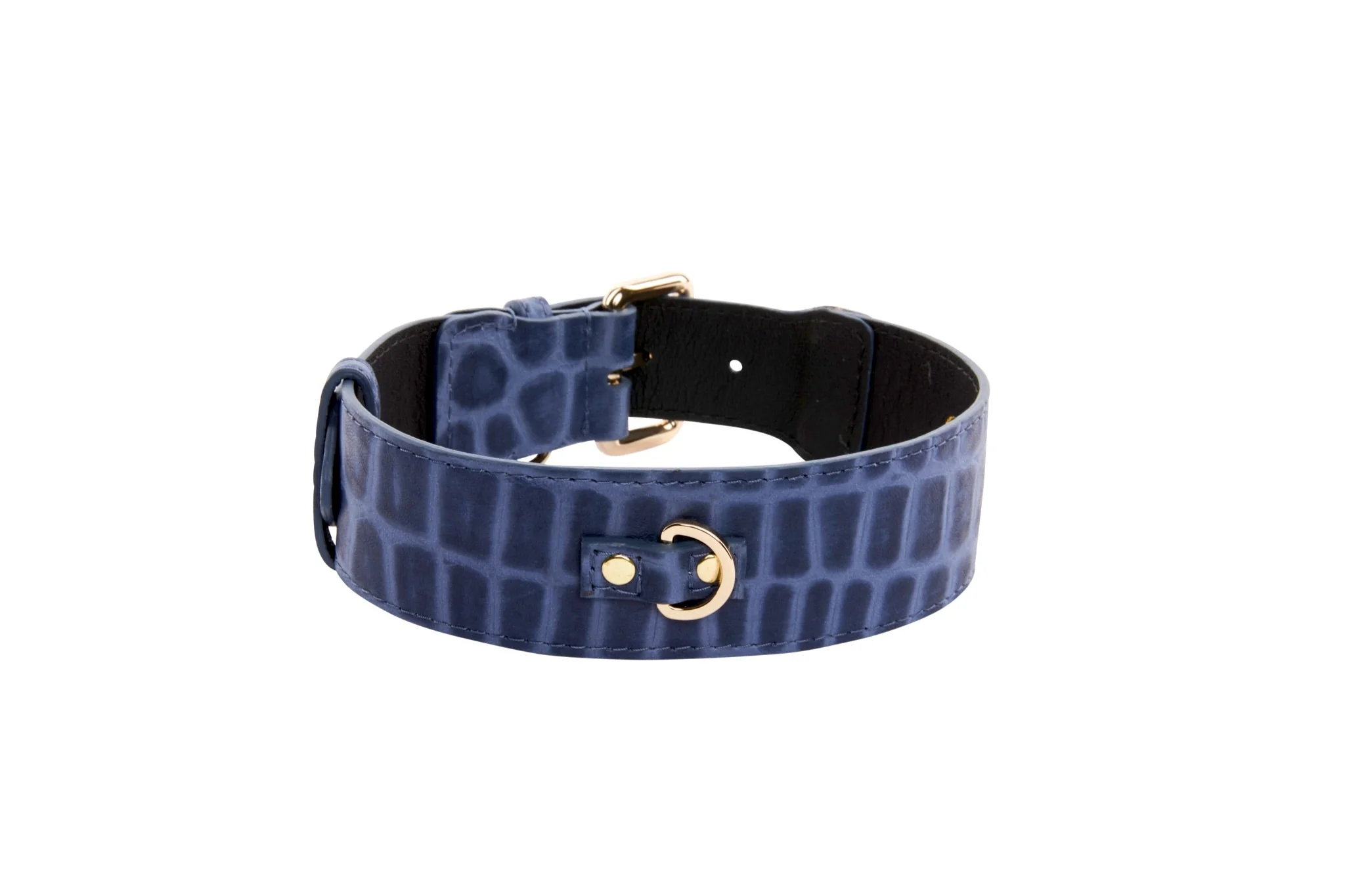 Blue Embossed Croc Italian Leather Collar With Gold Classic Hardware - Image 4