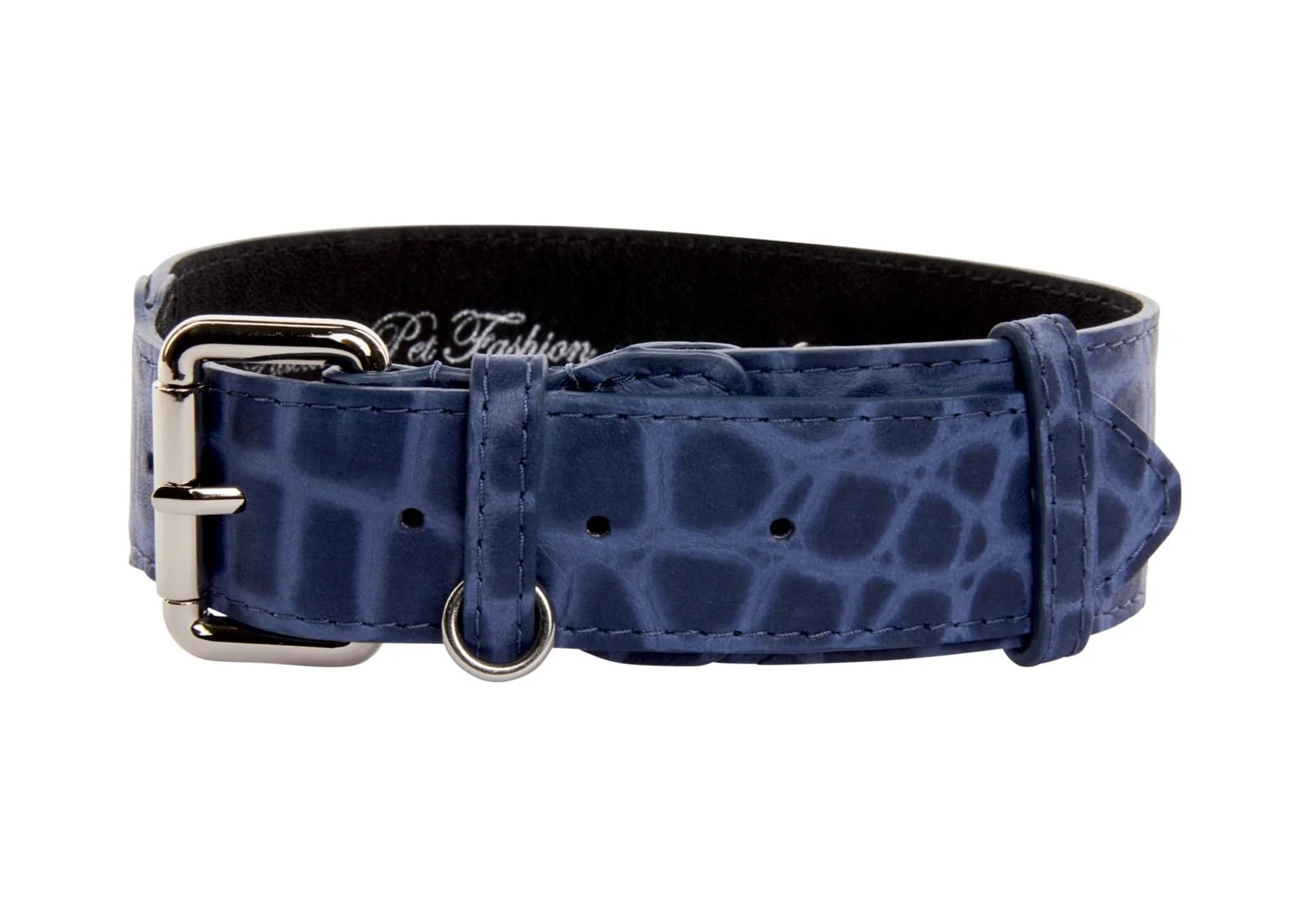 Blue Embossed Croc Italian Leather Collar With Silver Classic Hardware - Image 2