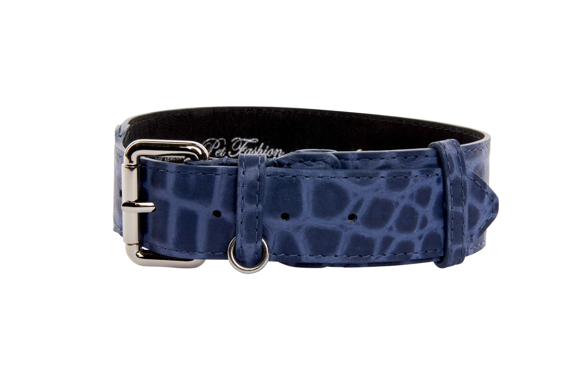 Blue Embossed Croc Italian Leather Collar With Silver Classic Hardware - Image 3