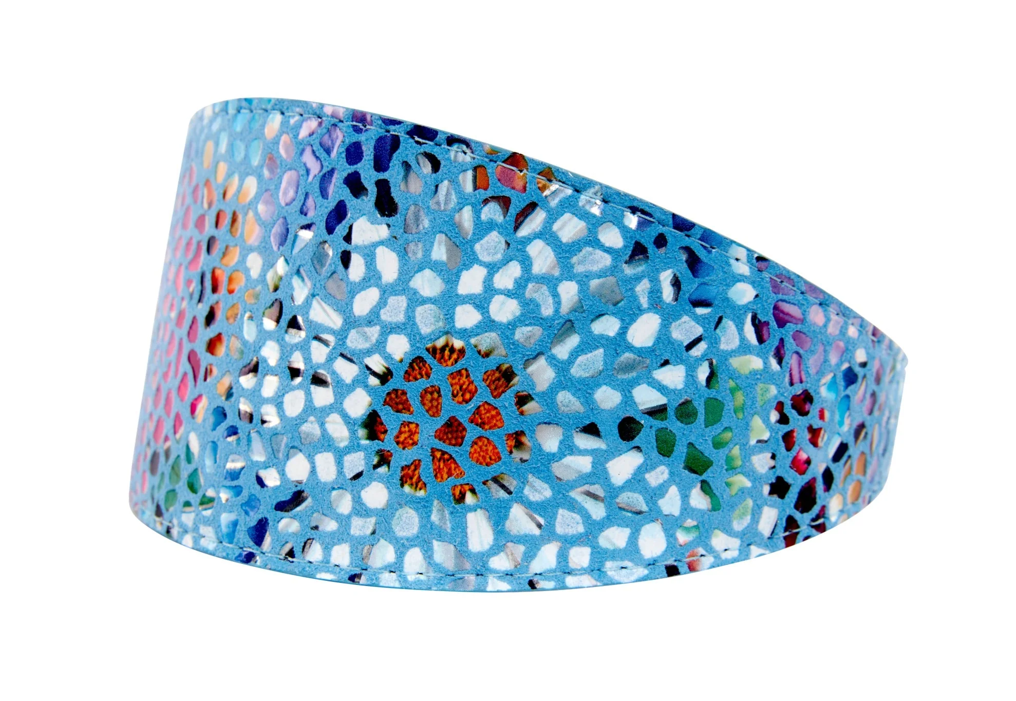 Blue Floral Mosaic Italian Leather 3” Wide Style Collar - Image 2