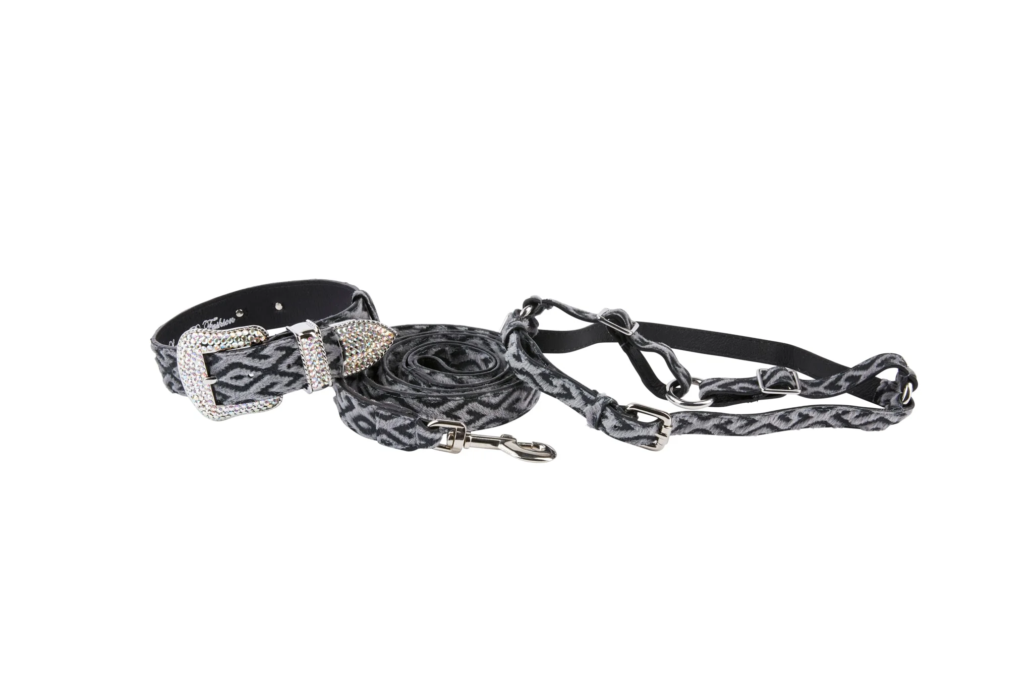 Blue Jean Color Patterned Hair On Hide Italian Leather Silver Swarovski Crystal Hardware Set