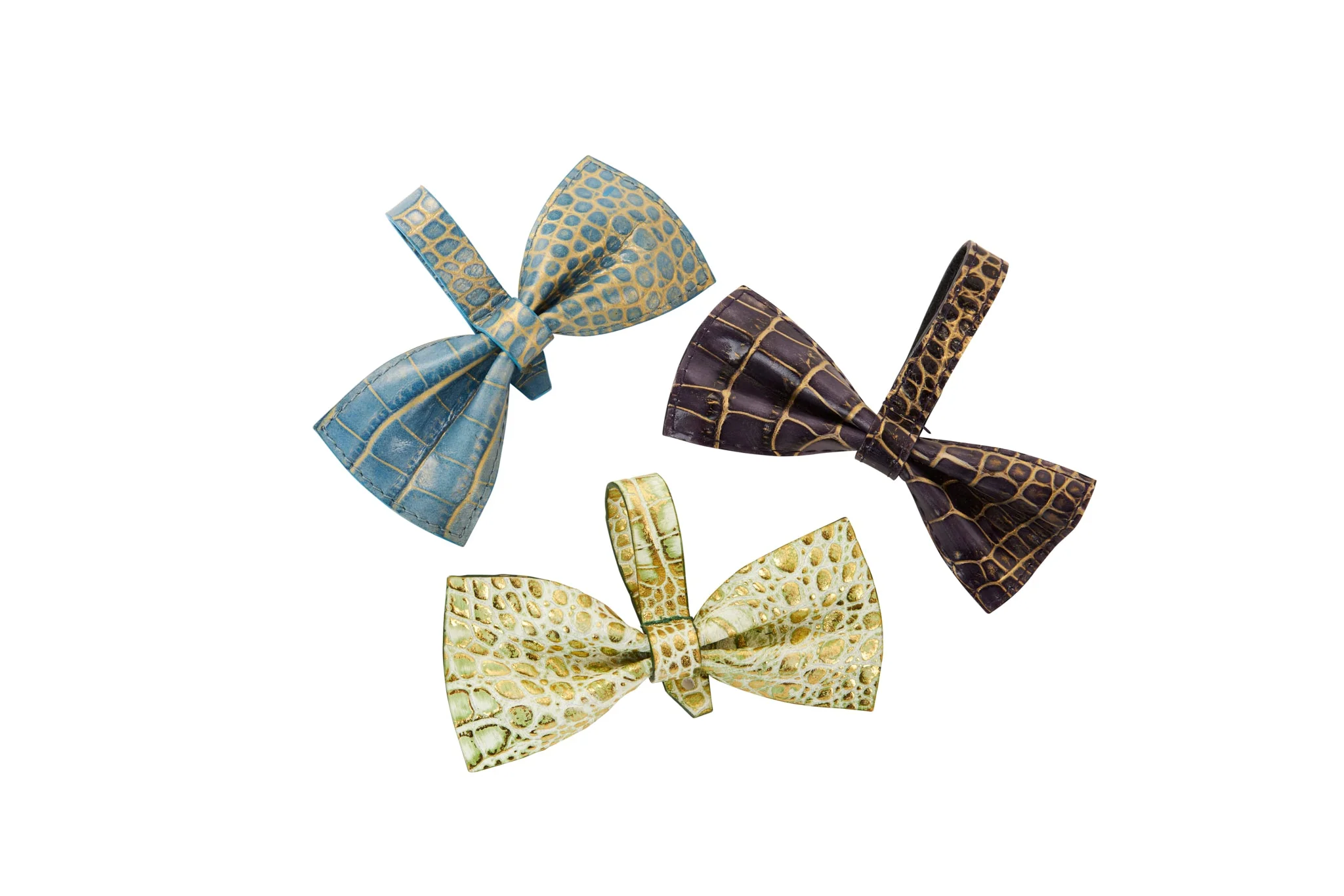 Blue, Purple & Green/Gold Embossed Croc Italian Leather Bowtie Set Of 3 - Image 2