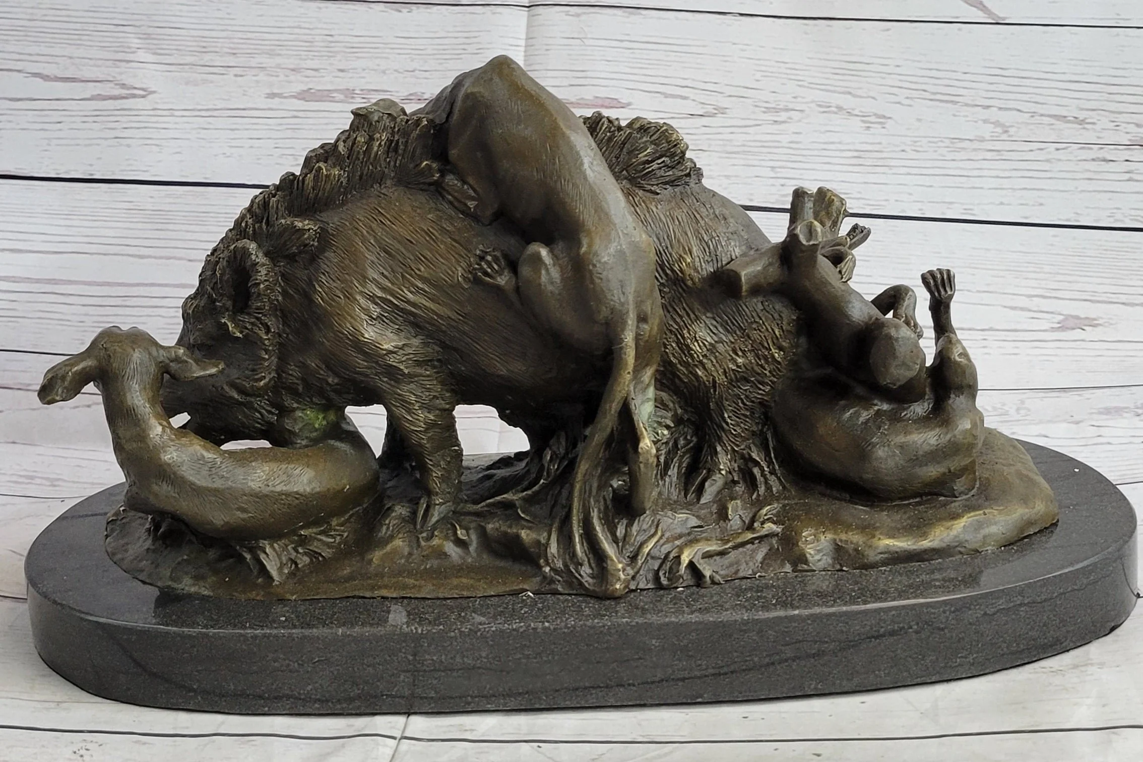 Boar Attacked by Wild Dogs Hot Cast Bronze Sculpture Statue Art by Lecourtier - Image 4