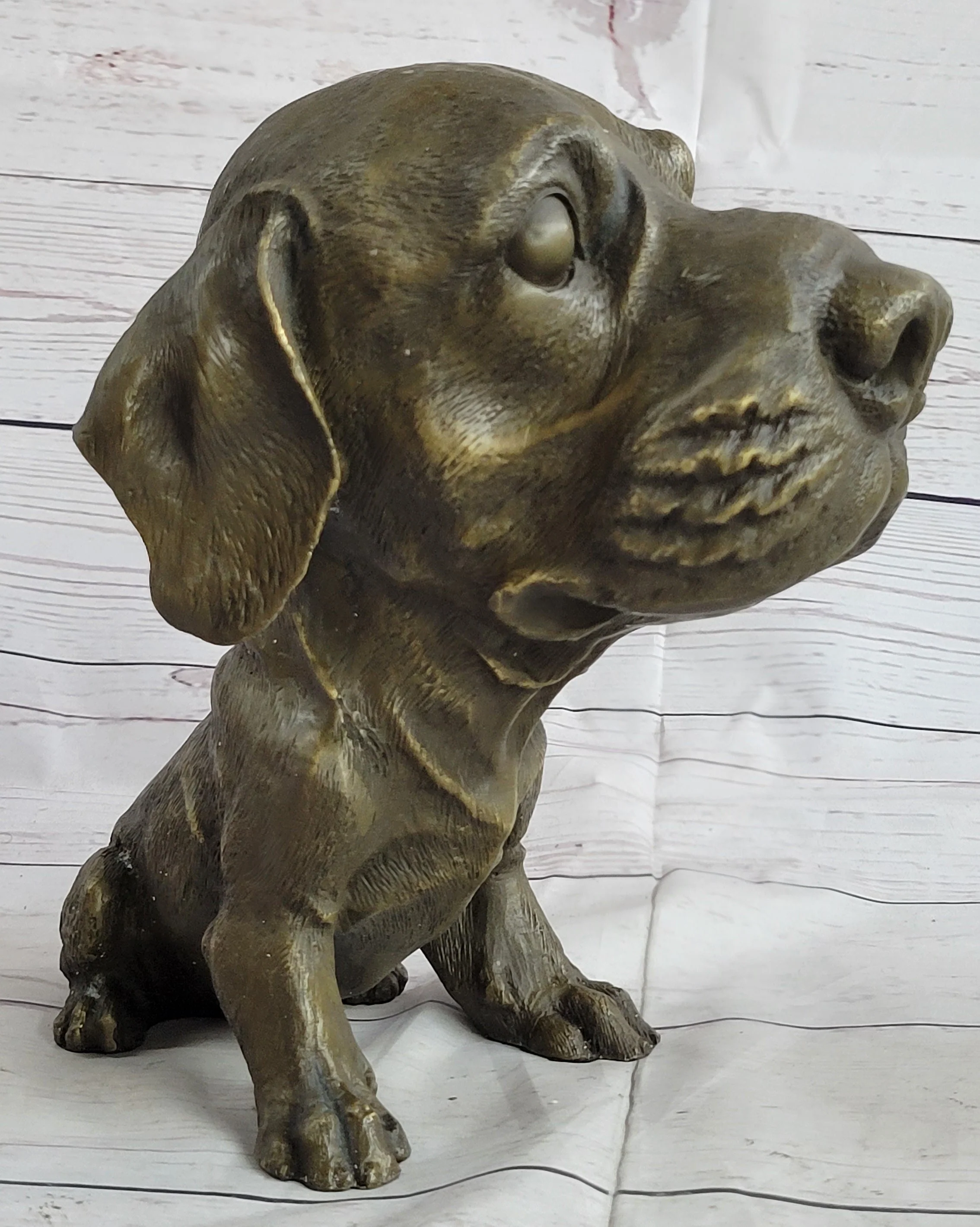 Bobble Head Style Floppy Eared Dog Cute Bronze Statue Sculpture Signed Collectible 9" x 9" - Image 3