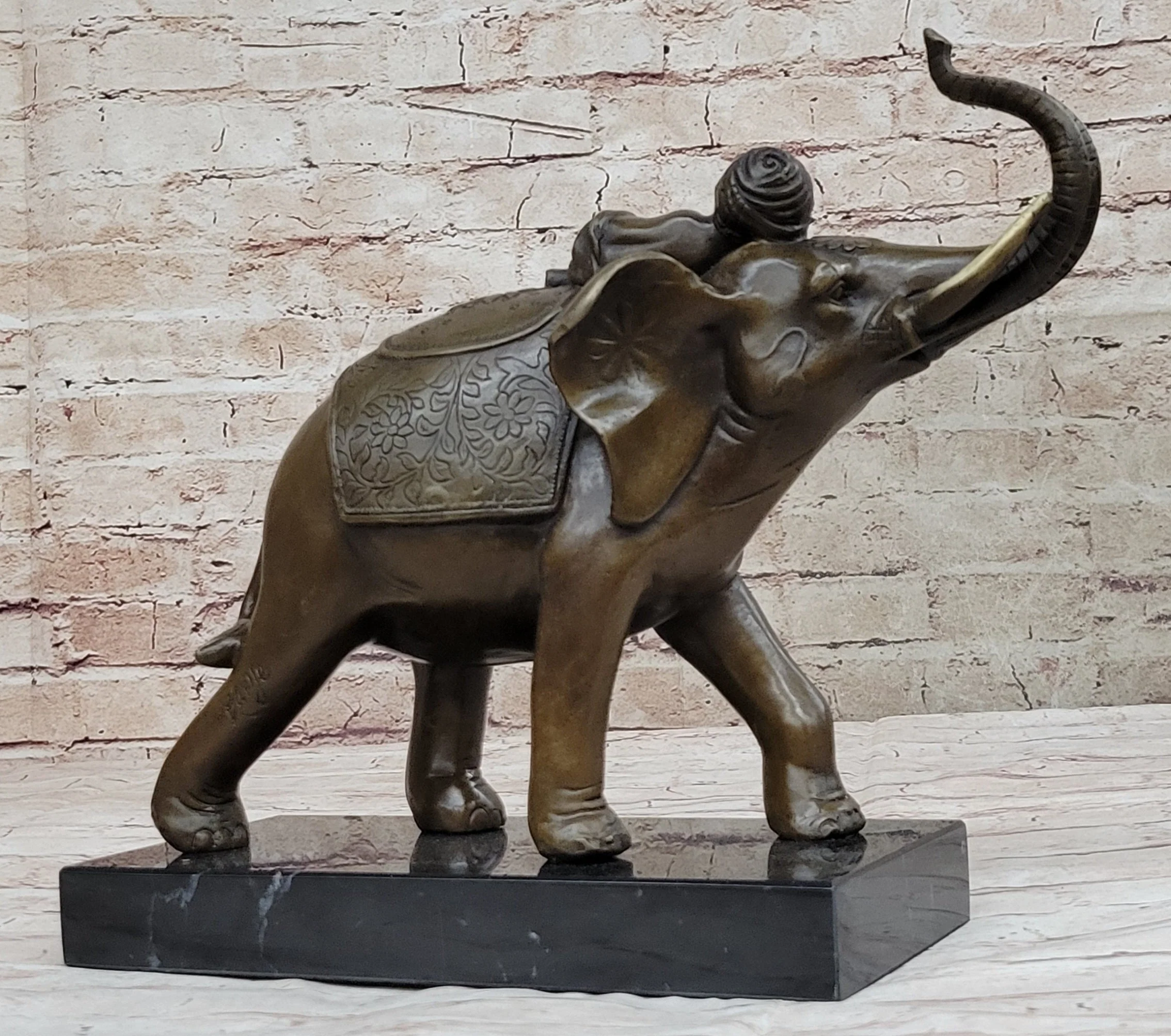 Boy Child Sleeping on Indian Elephant Bronze Statue Sculpture Decor on Marble Base - Image 5