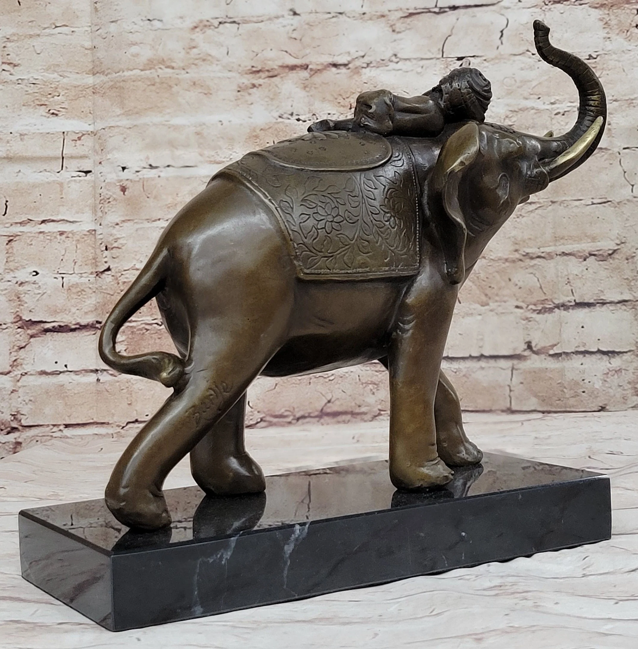 Boy Child Sleeping on Indian Elephant Bronze Statue Sculpture Decor on Marble Base - Image 6