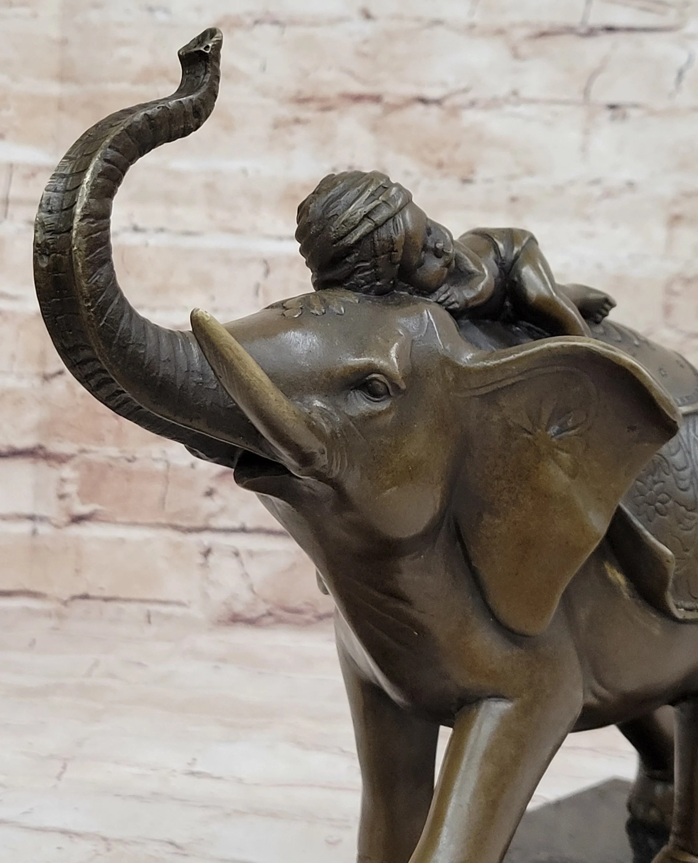 Boy Child Sleeping on Indian Elephant Bronze Statue Sculpture Decor on Marble Base - Image 7