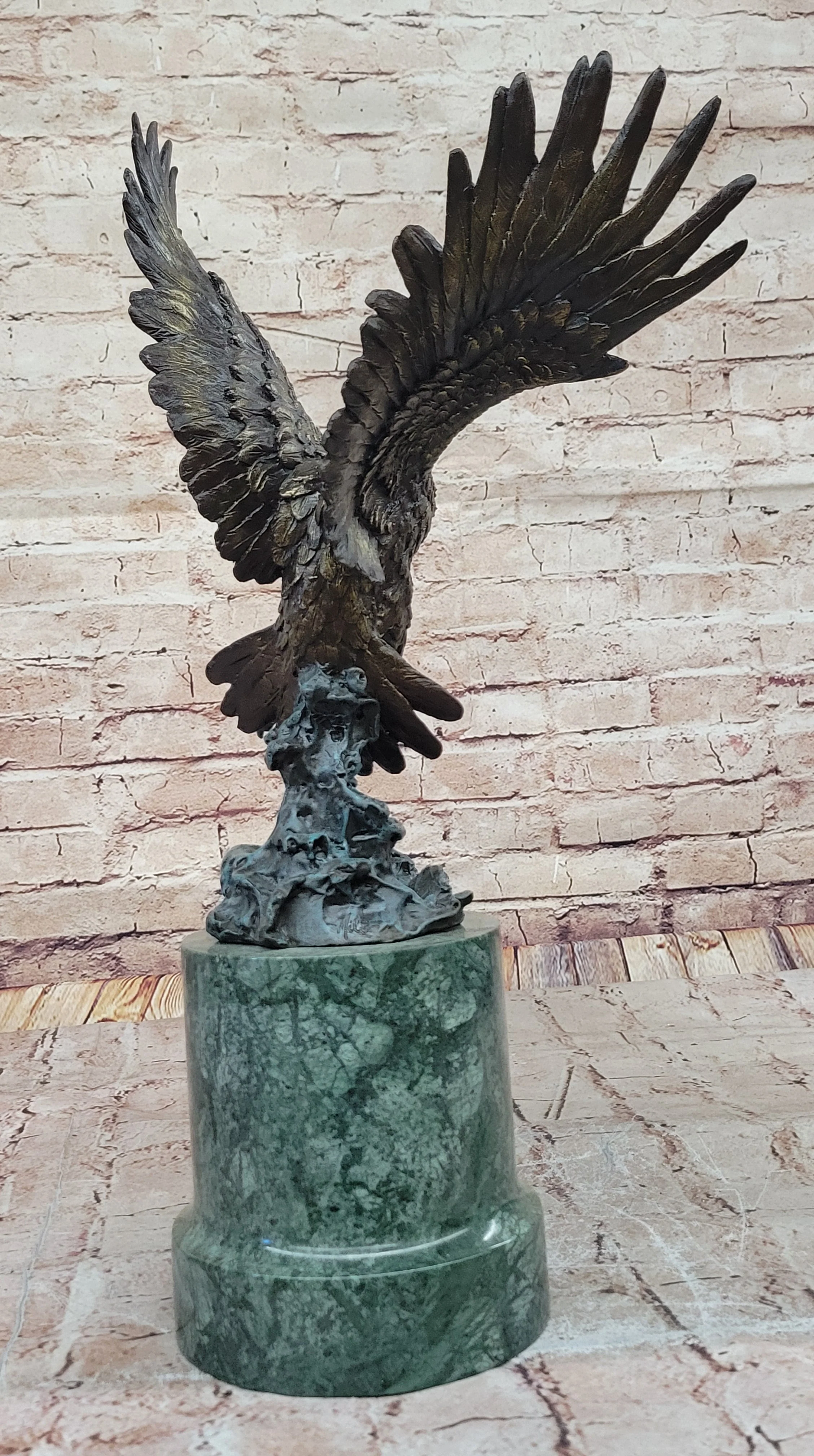 Bronze Bald Eagle Sculpture with Outstretched Wings on Green Marble Base by Milo - Image 6