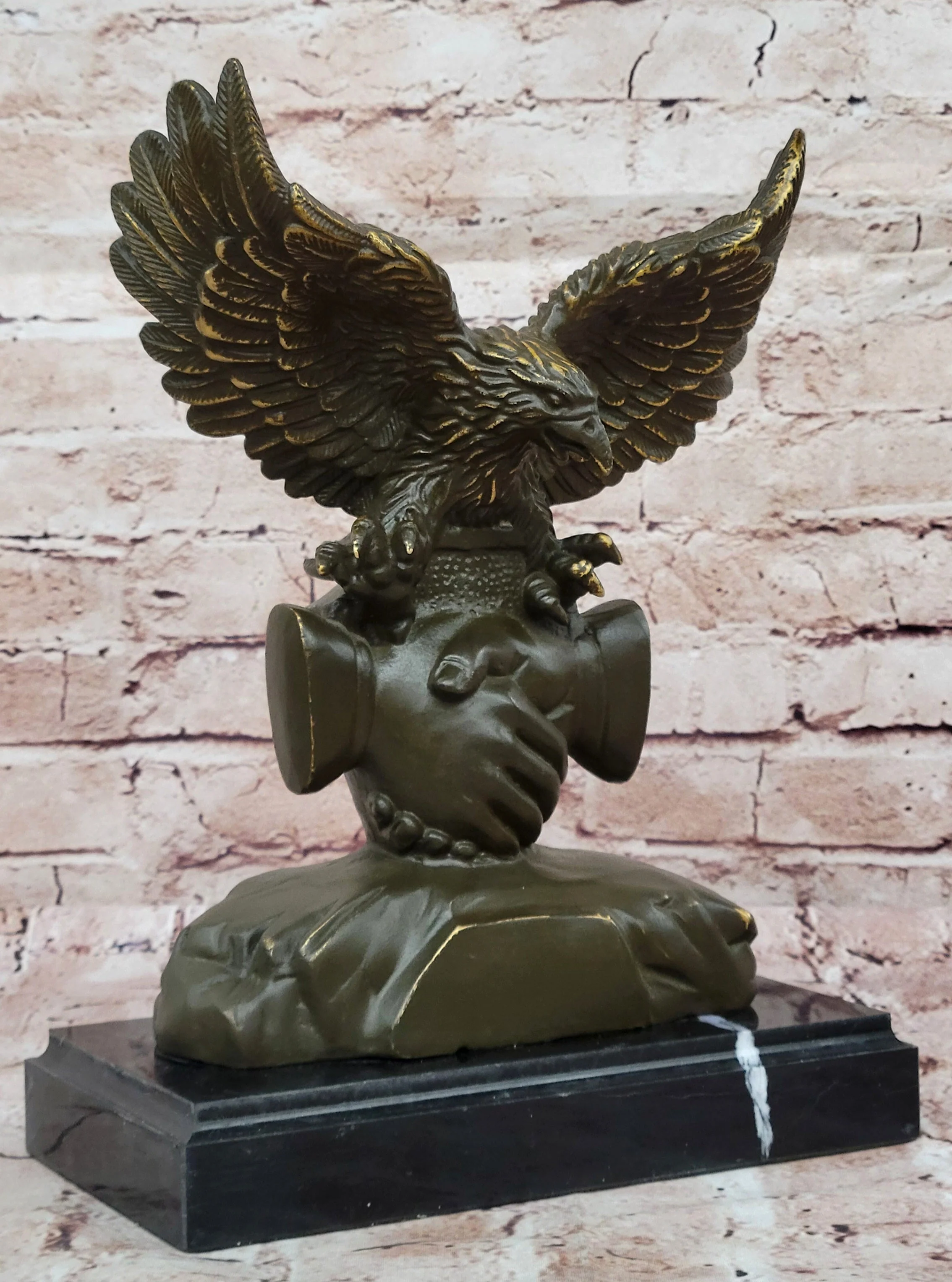 Bronze Eagle and Handshake Statue; Patriotic American Unity Sculpture - Image 3