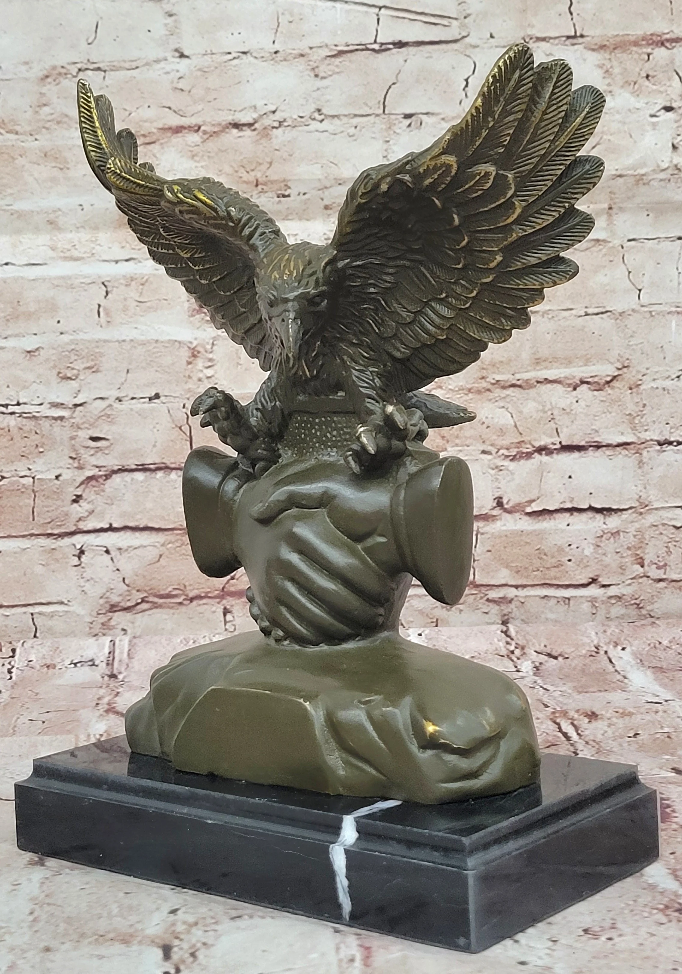 Bronze Eagle and Handshake Statue; Patriotic American Unity Sculpture - Image 4