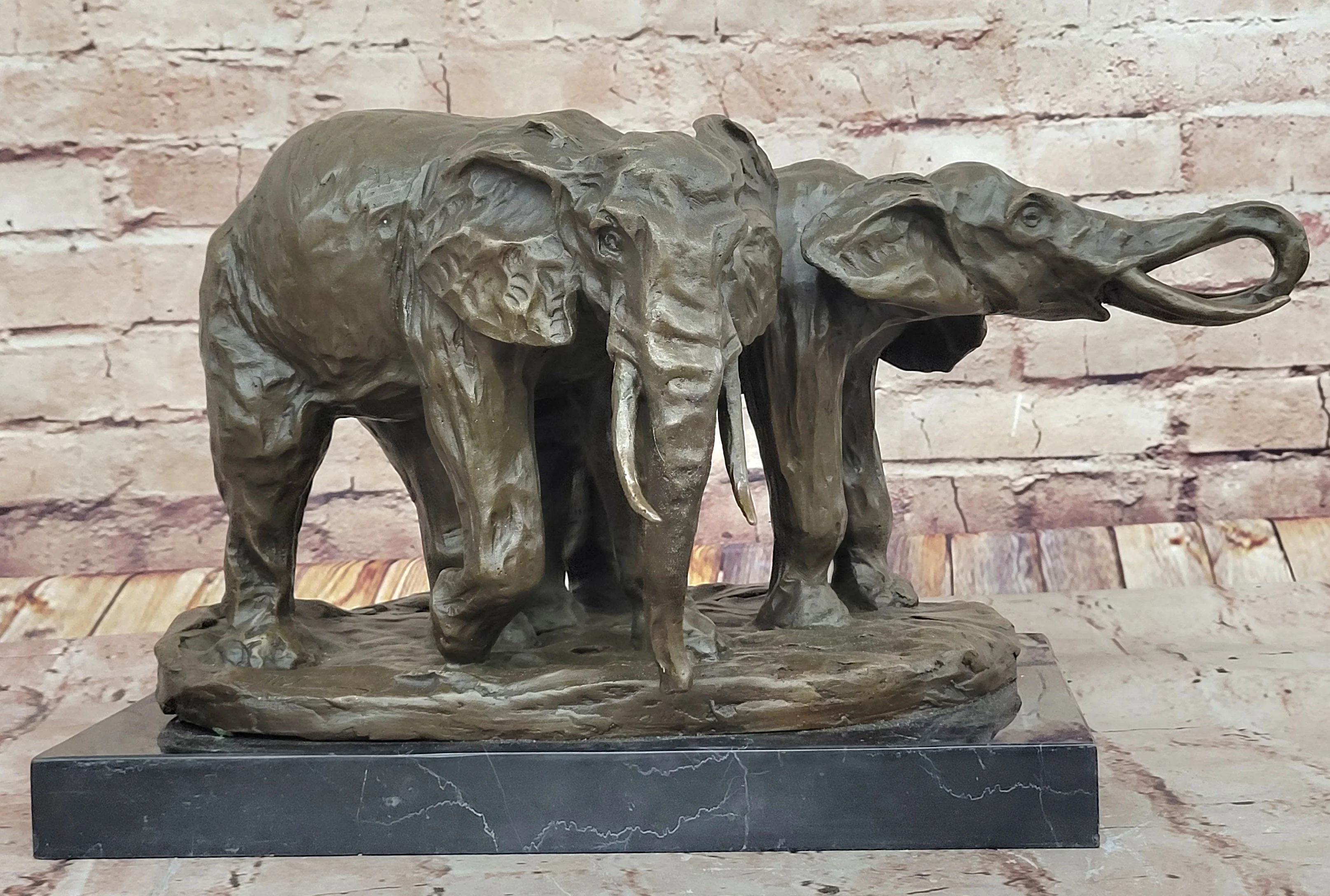Bronze Elephant Pair Sculpture; Majestic Wildlife Art on Marble Base by Milo