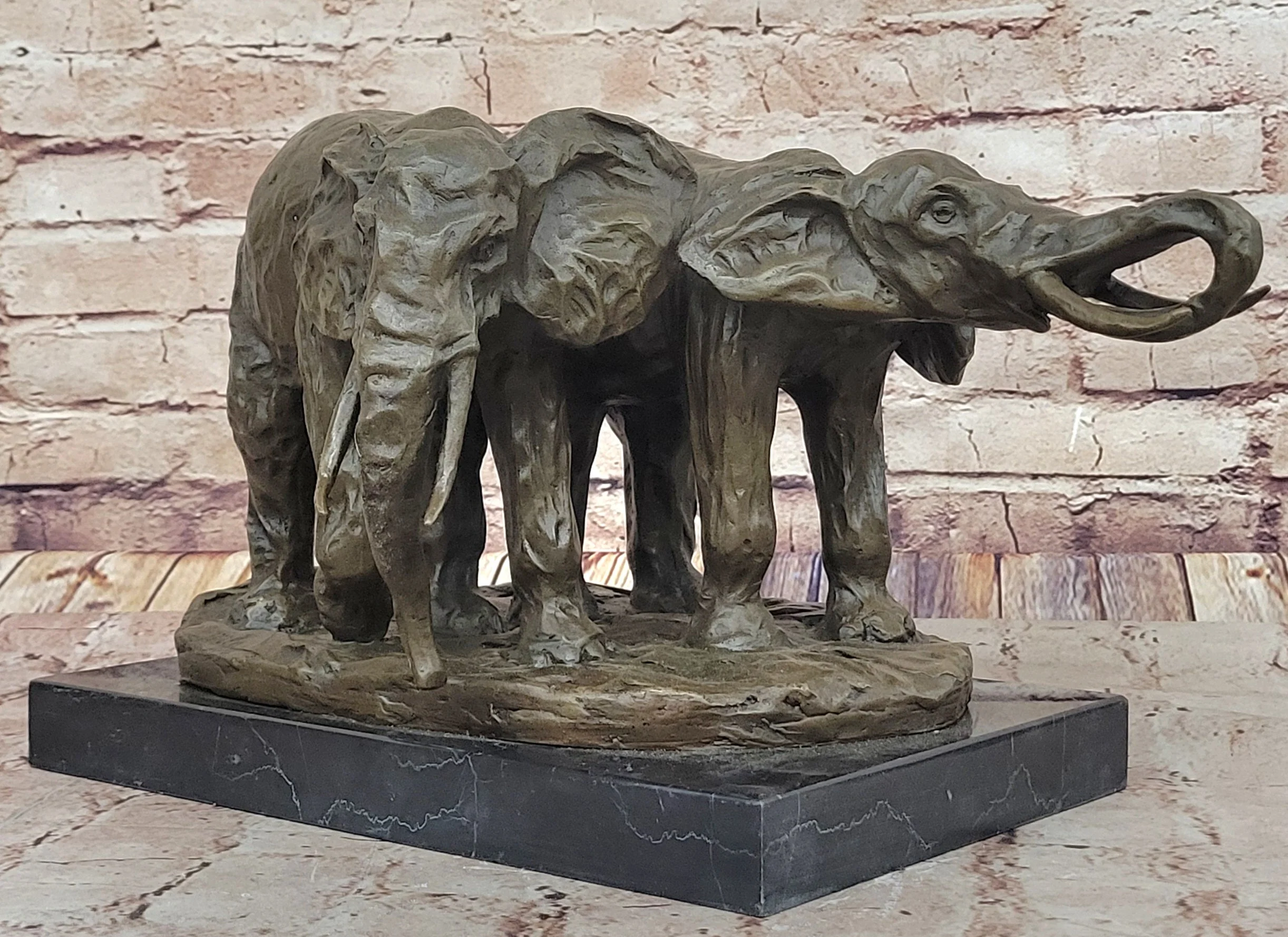 Bronze Elephant Pair Sculpture; Majestic Wildlife Art on Marble Base by Milo - Image 3