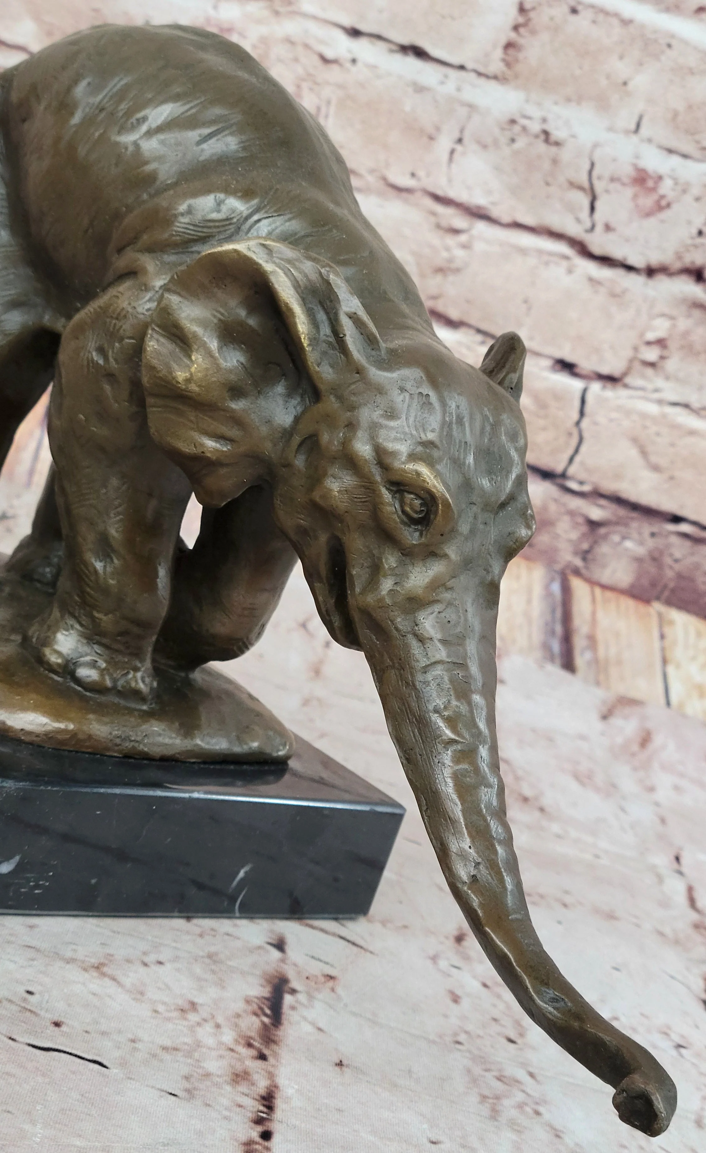 Bronze Elephant Sculpture with Outstretched Trunk; Wildlife Art on Marble Base - Image 6