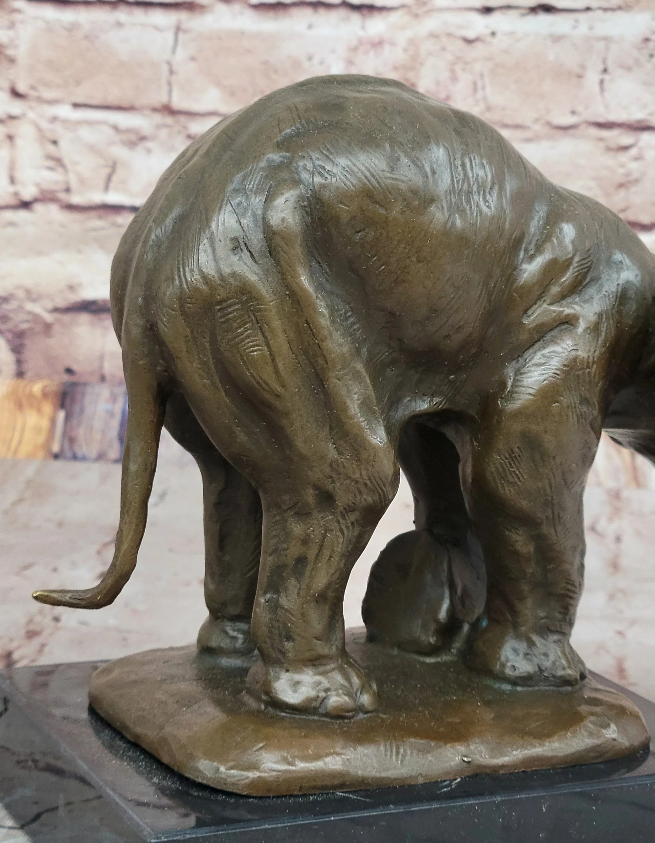 Bronze Elephant Sculpture with Outstretched Trunk; Wildlife Art on Marble Base - Image 9