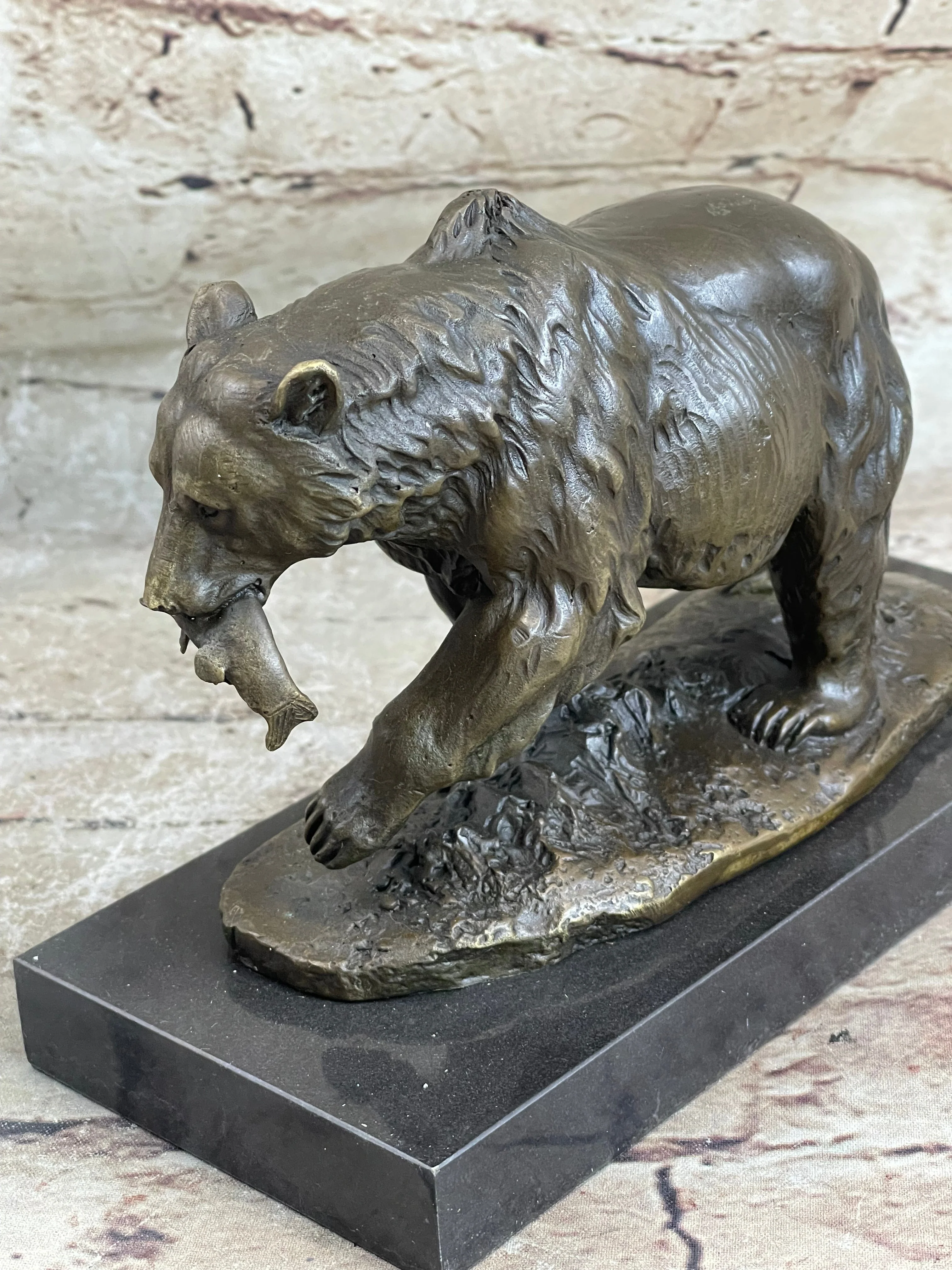 Bronze Grizzly Bear Hunting Fish River Sculpture Art Figurine Marble Base Figure - Image 3