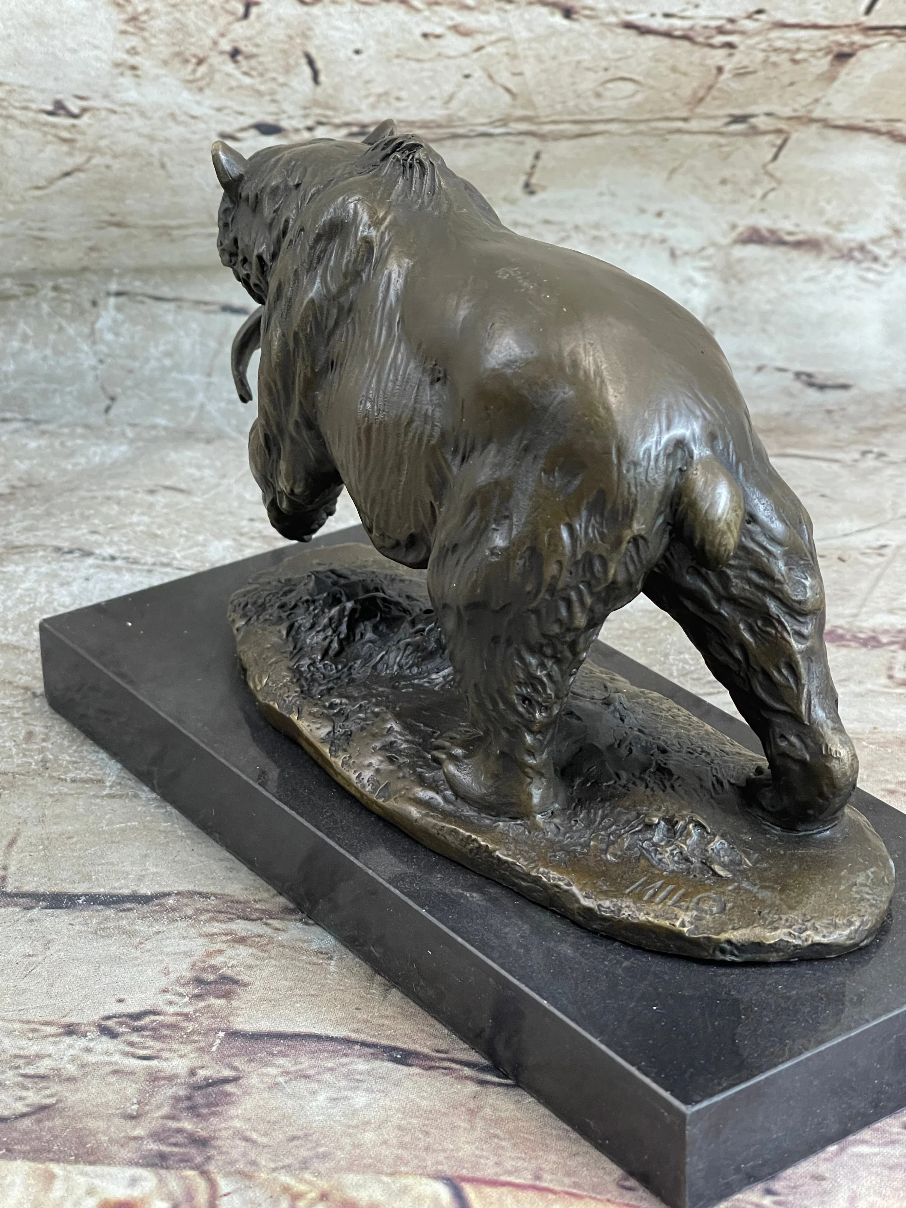 Bronze Grizzly Bear Hunting Fish River Sculpture Art Figurine Marble Base Figure - Image 4