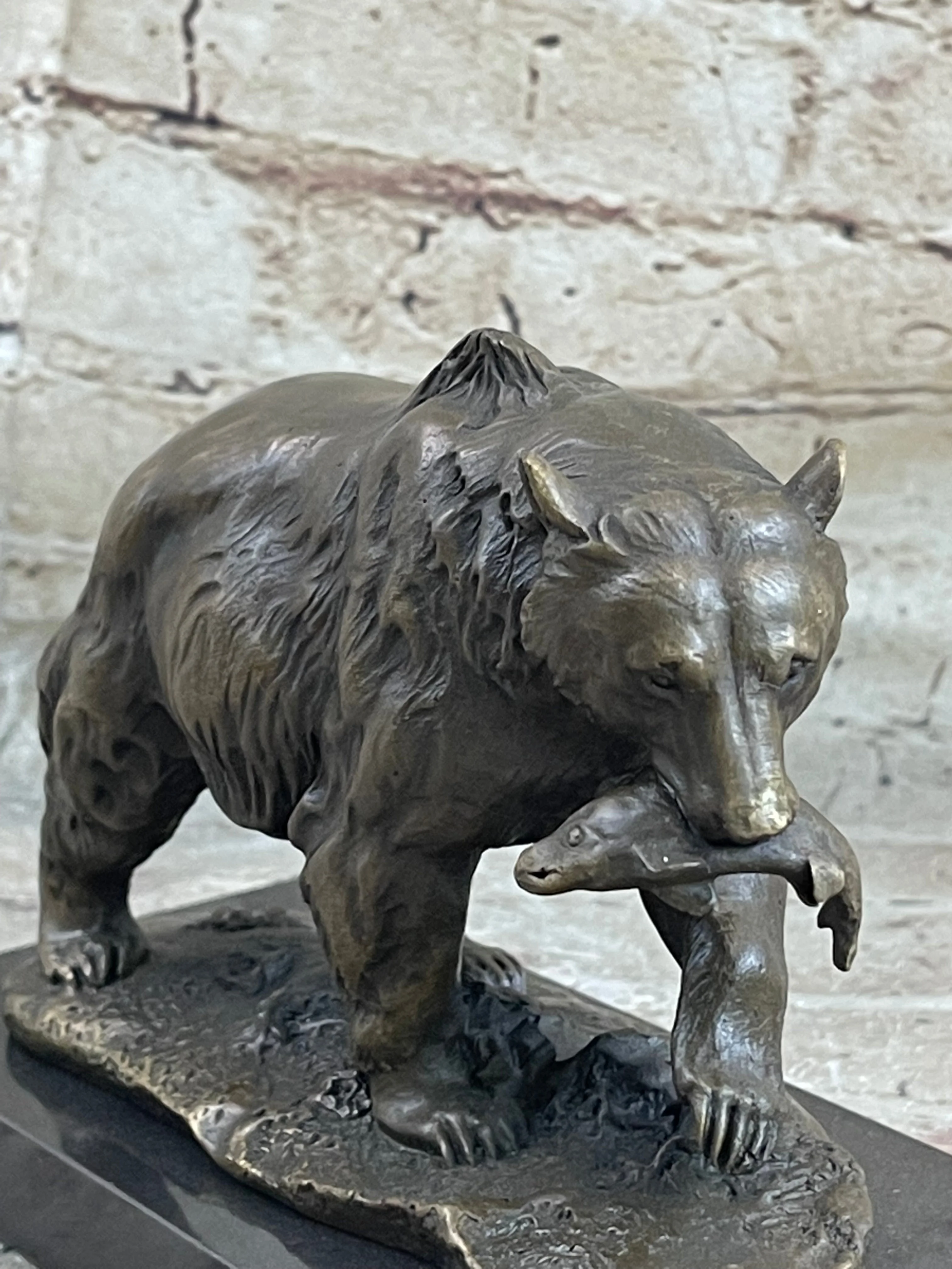 Bronze Grizzly Bear Hunting Fish River Sculpture Art Figurine Marble Base Figure - Image 6