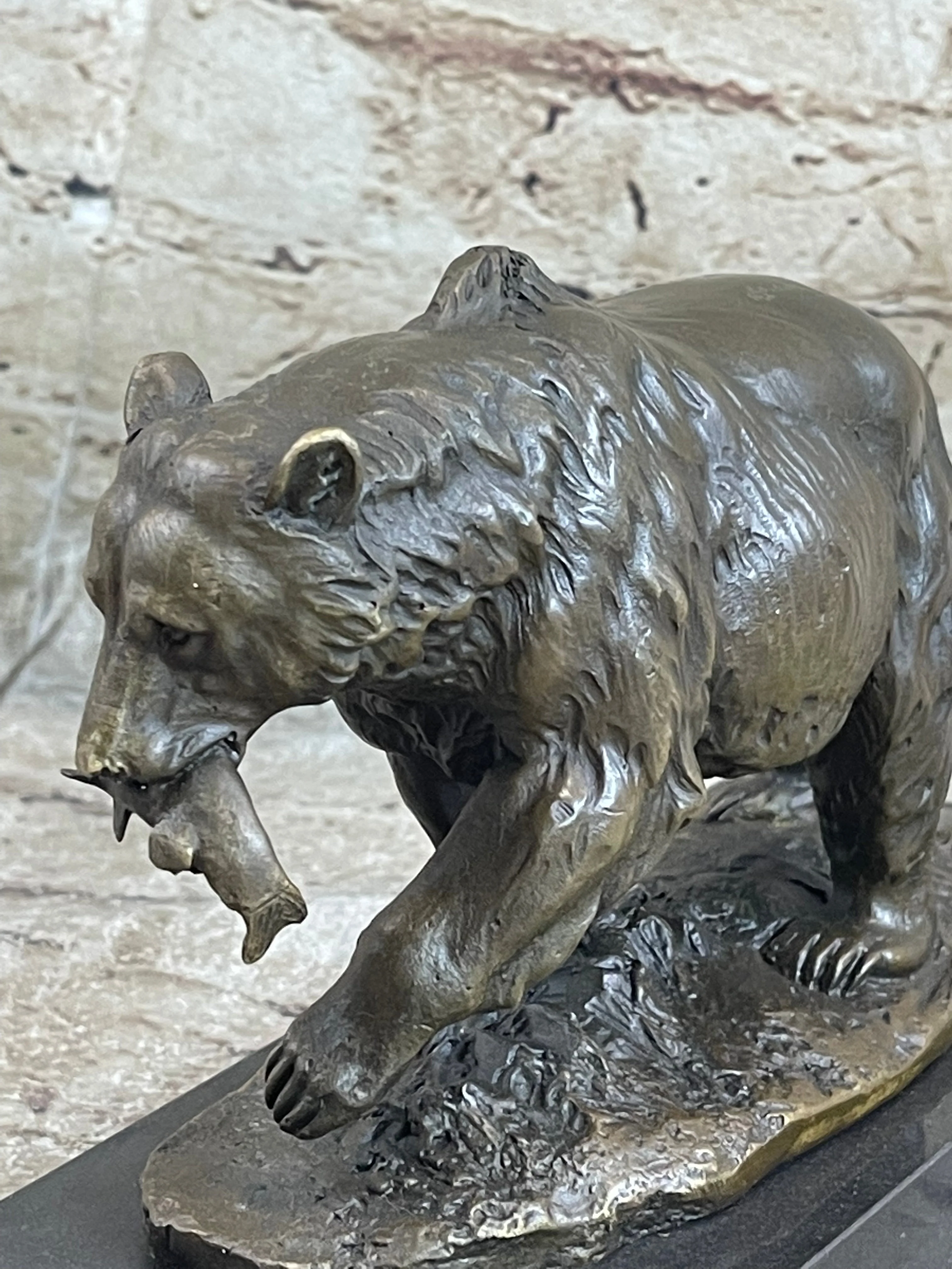Bronze Grizzly Bear Hunting Fish River Sculpture Art Figurine Marble Base Figure - Image 7
