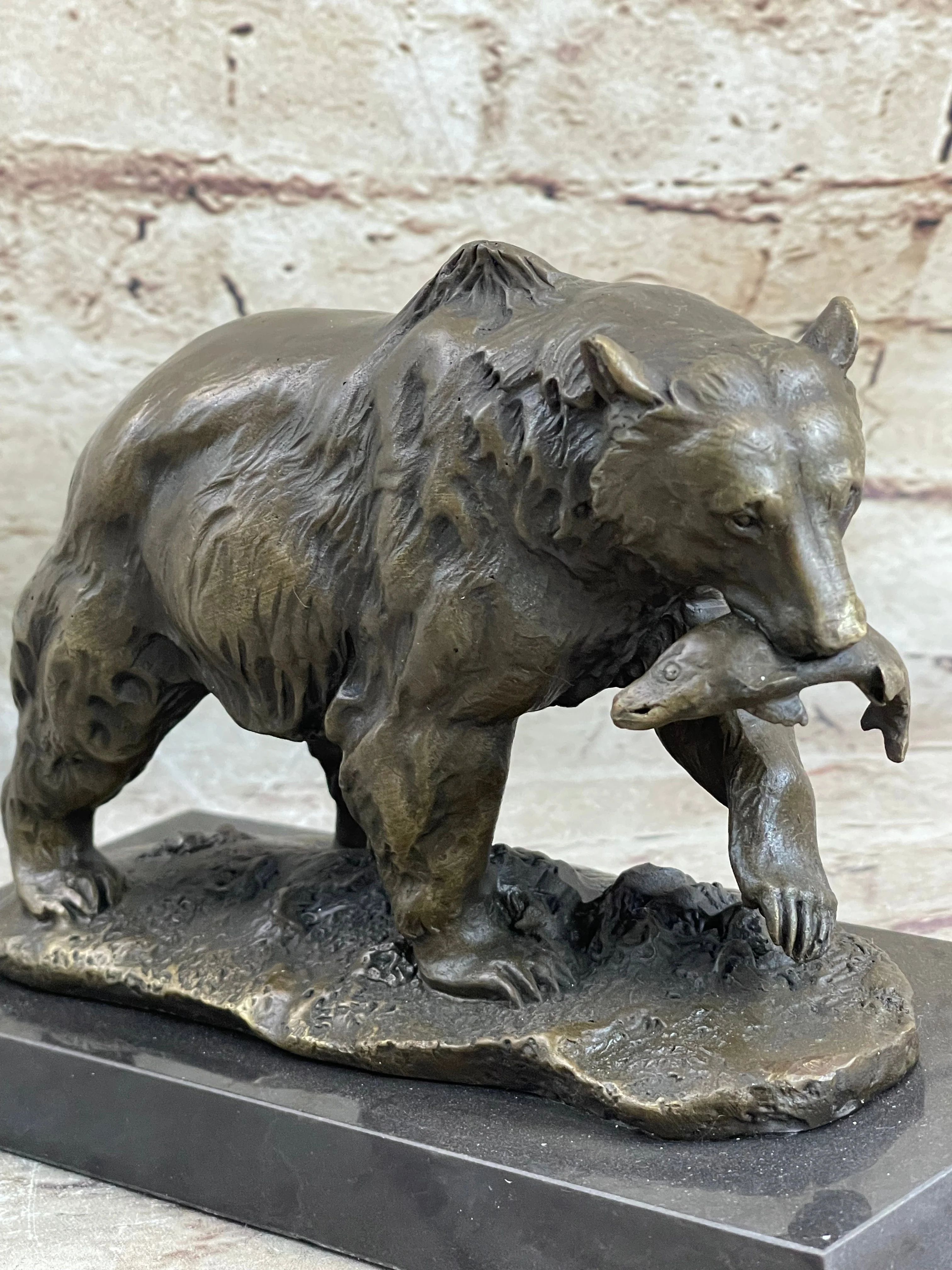 Bronze Grizzly Bear Hunting Fish River Sculpture Art Figurine Marble Base Figure - Image 9