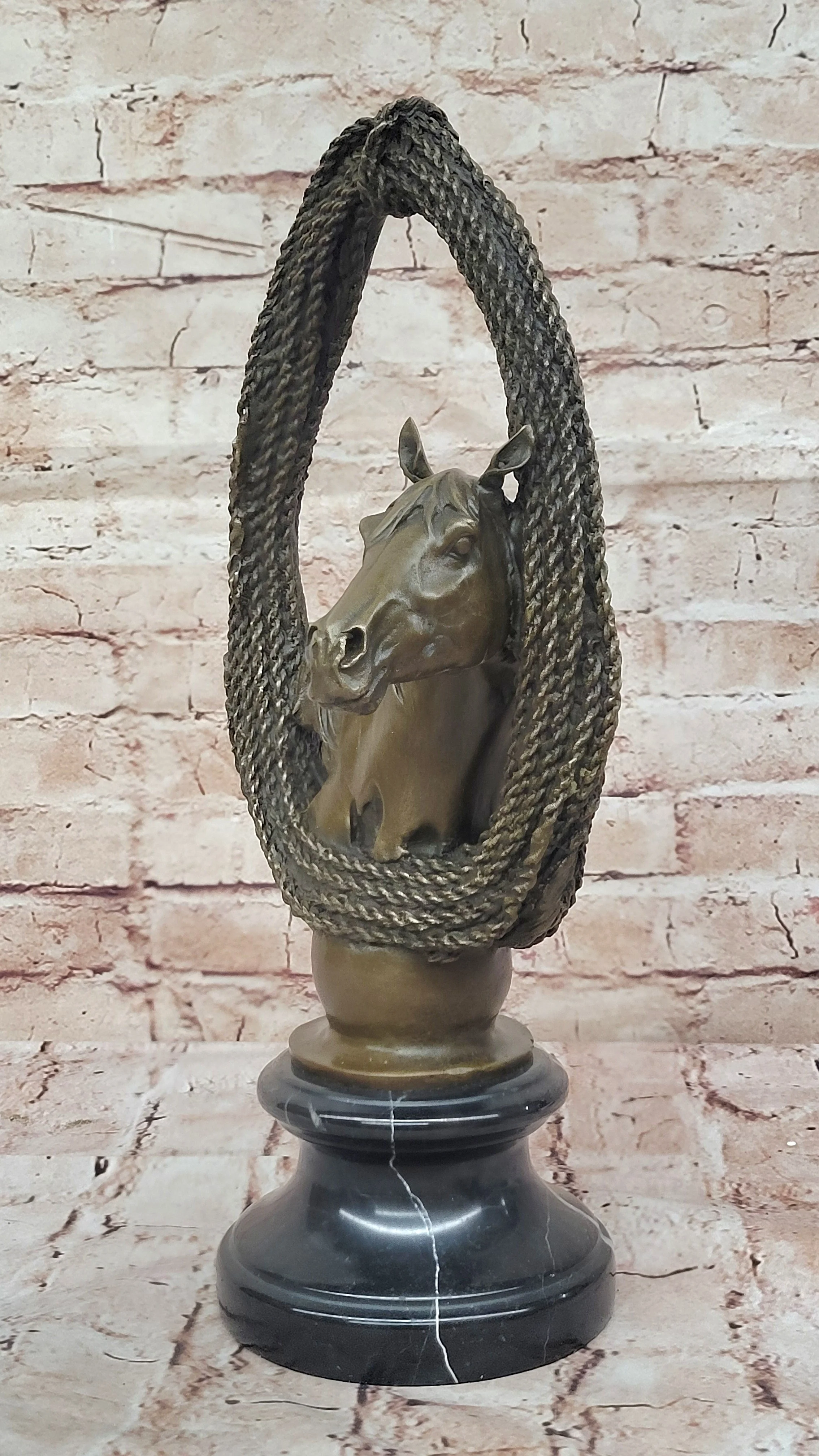Bronze Horse Head with Braided Lasso Sculpture on Marble Base - Image 4