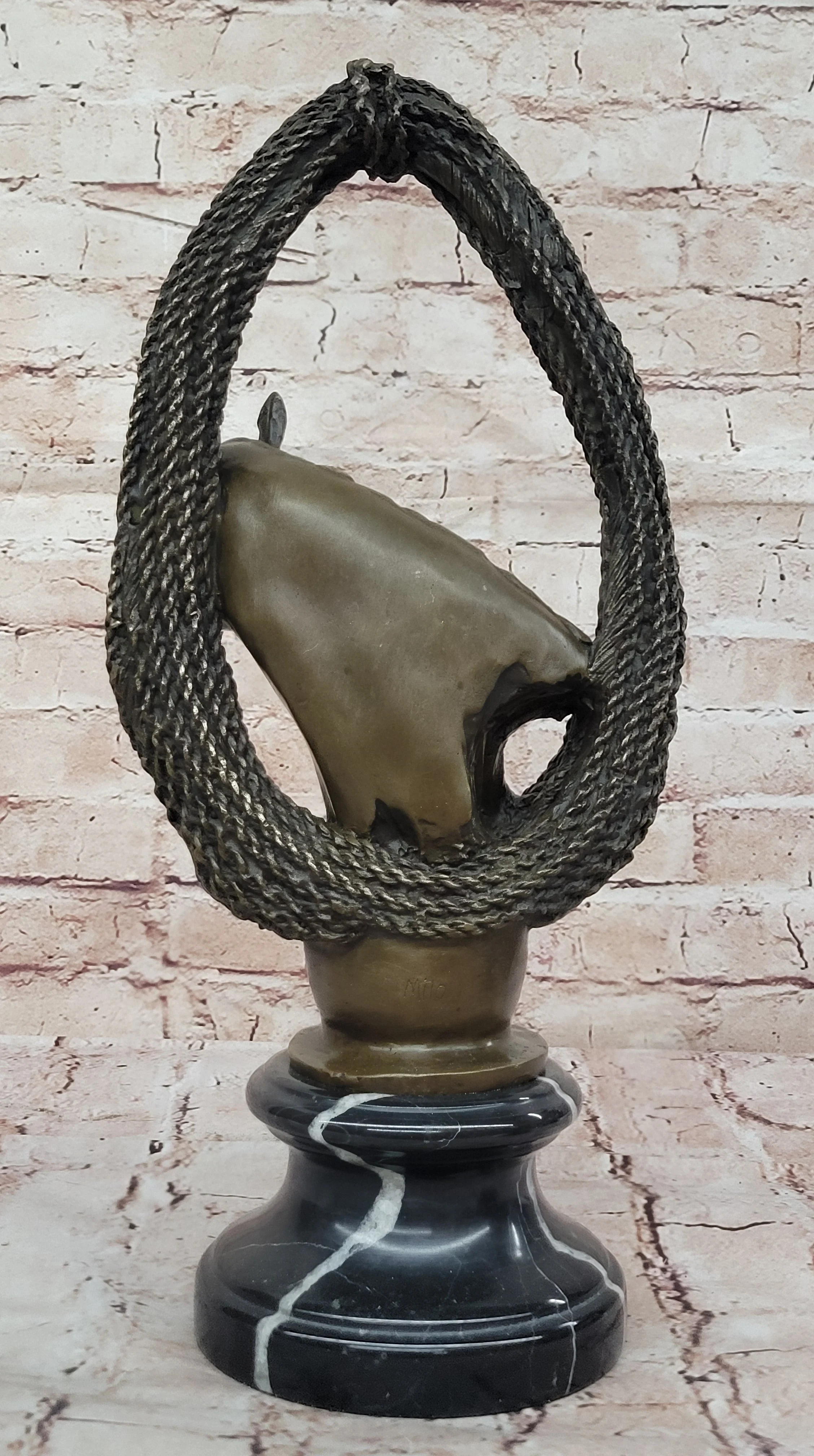 Bronze Horse Head with Braided Lasso Sculpture on Marble Base - Image 6