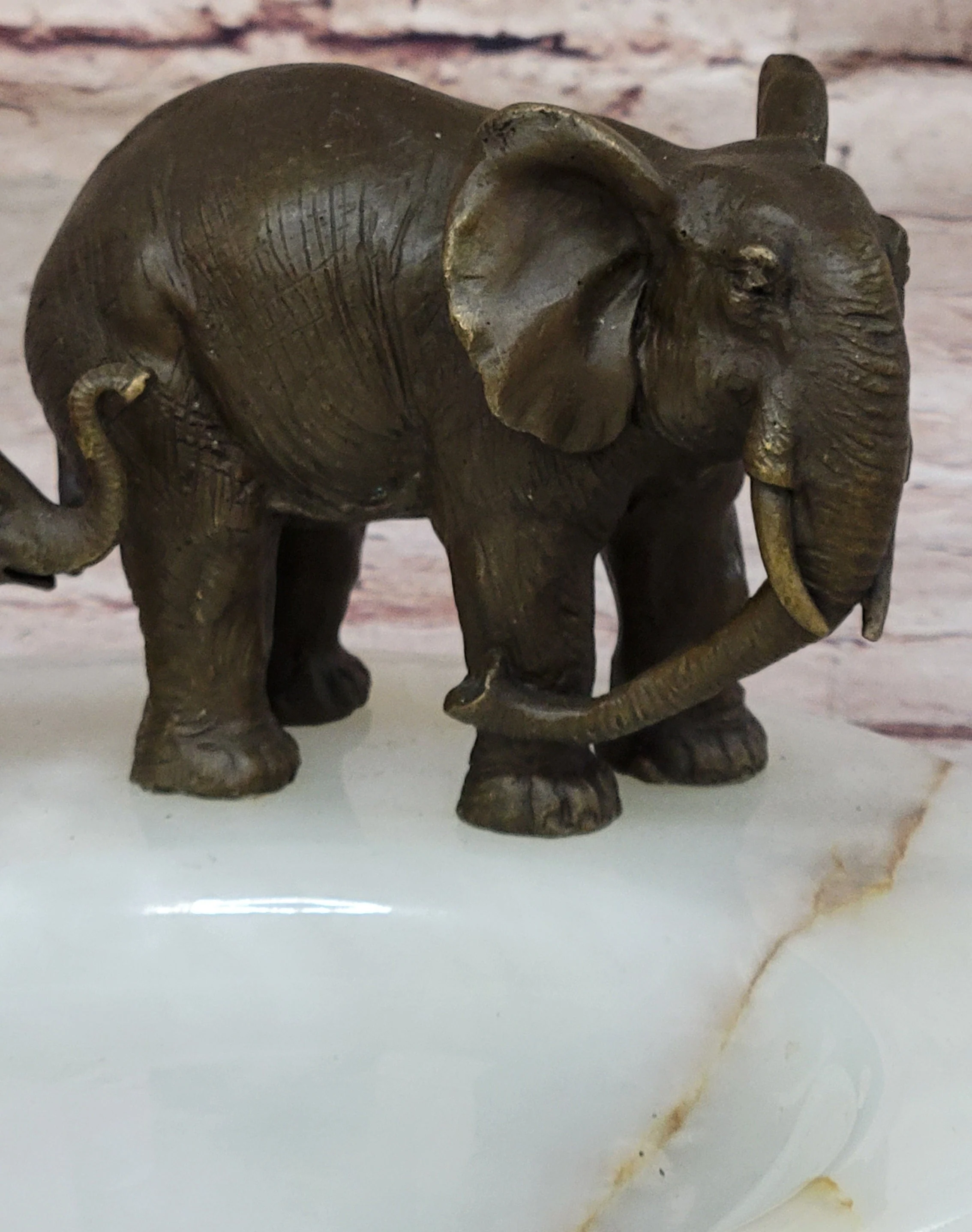 Bronze Metal Elephant Mother & Calf on Marble Soap Dish Ashtray - Image 4