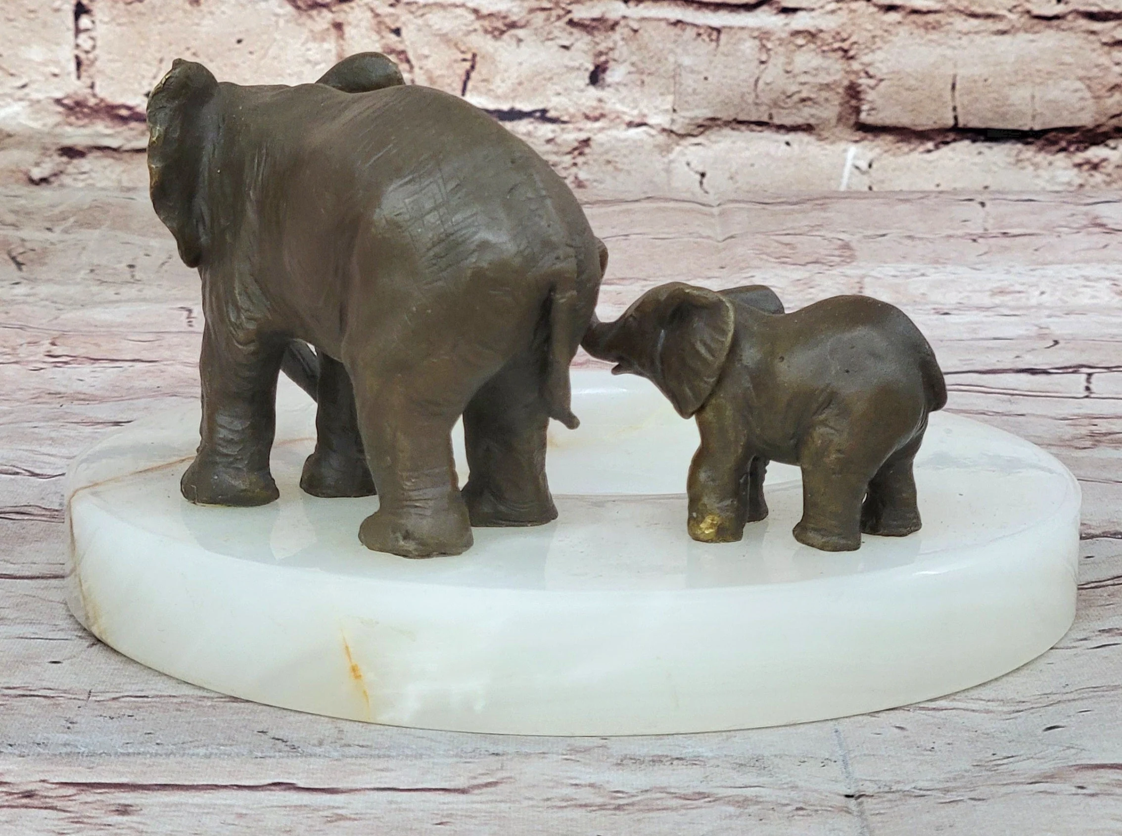 Bronze Metal Elephant Mother & Calf on Marble Soap Dish Ashtray - Image 6