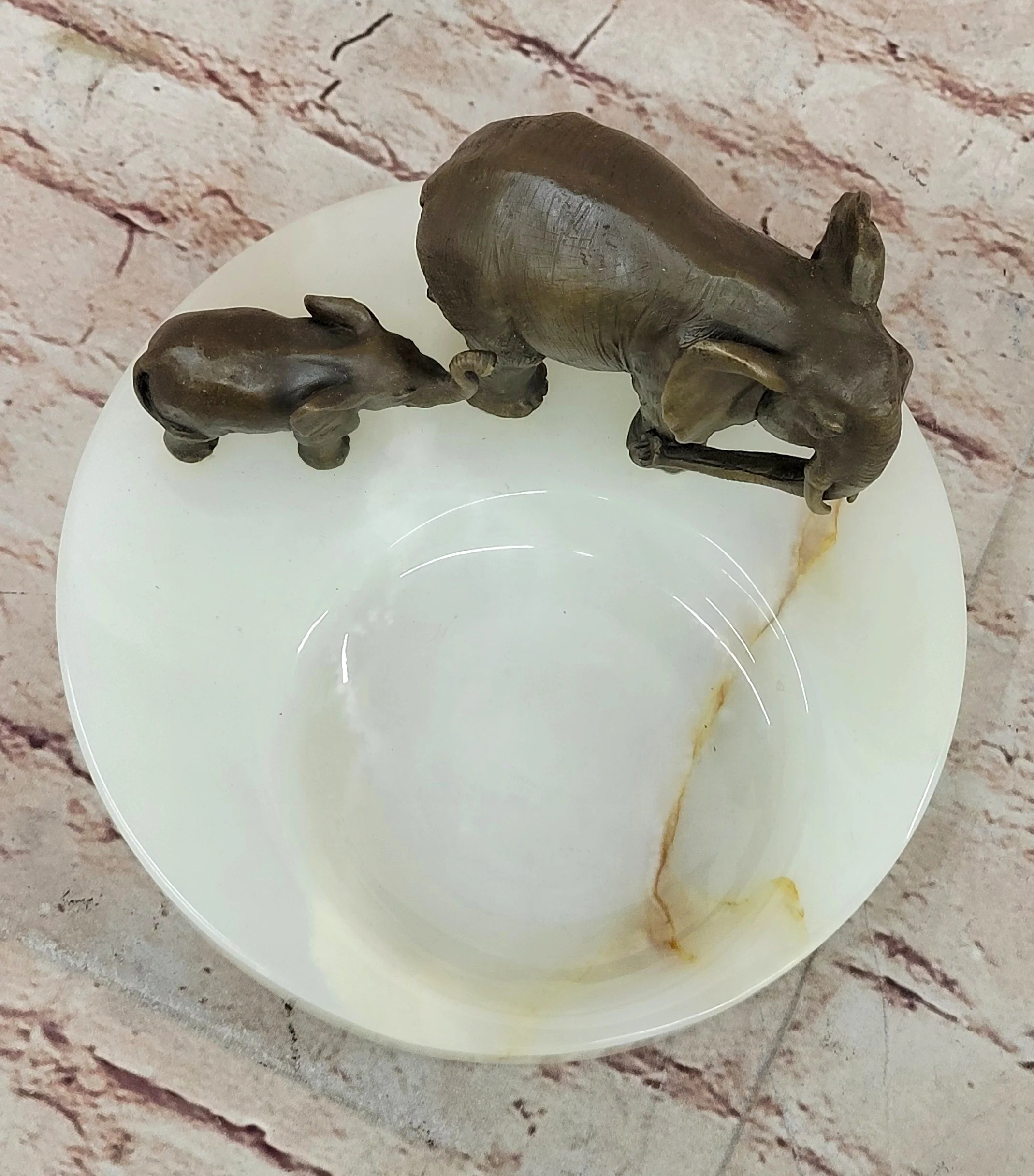 Bronze Metal Elephant Mother & Calf on Marble Soap Dish Ashtray - Image 7