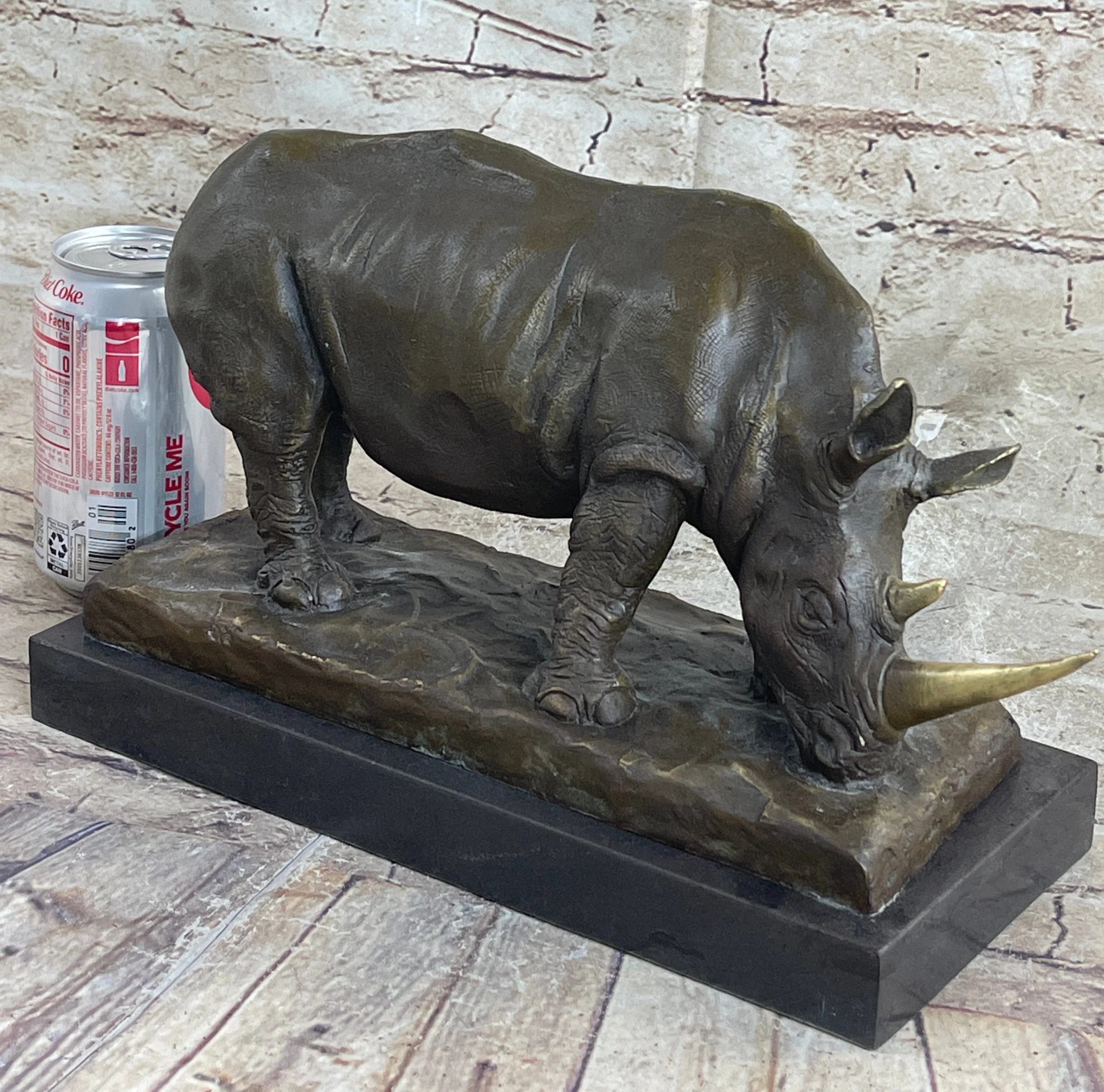 Bronze Metal Rhinoceros Rhino Statue Sculpture Figure Marble Base Barye Art 9" x 14" - Image 2