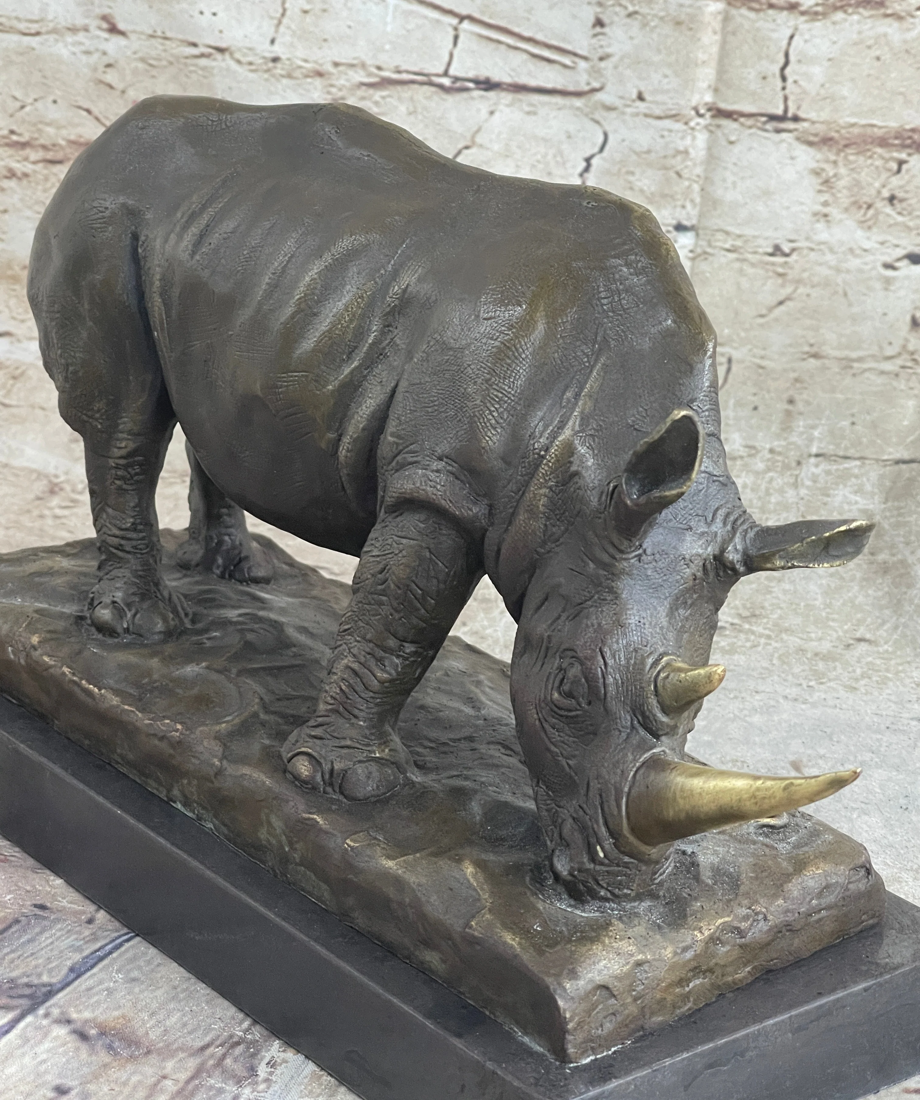 Bronze Metal Rhinoceros Rhino Statue Sculpture Figure Marble Base Barye Art 9" x 14" - Image 6