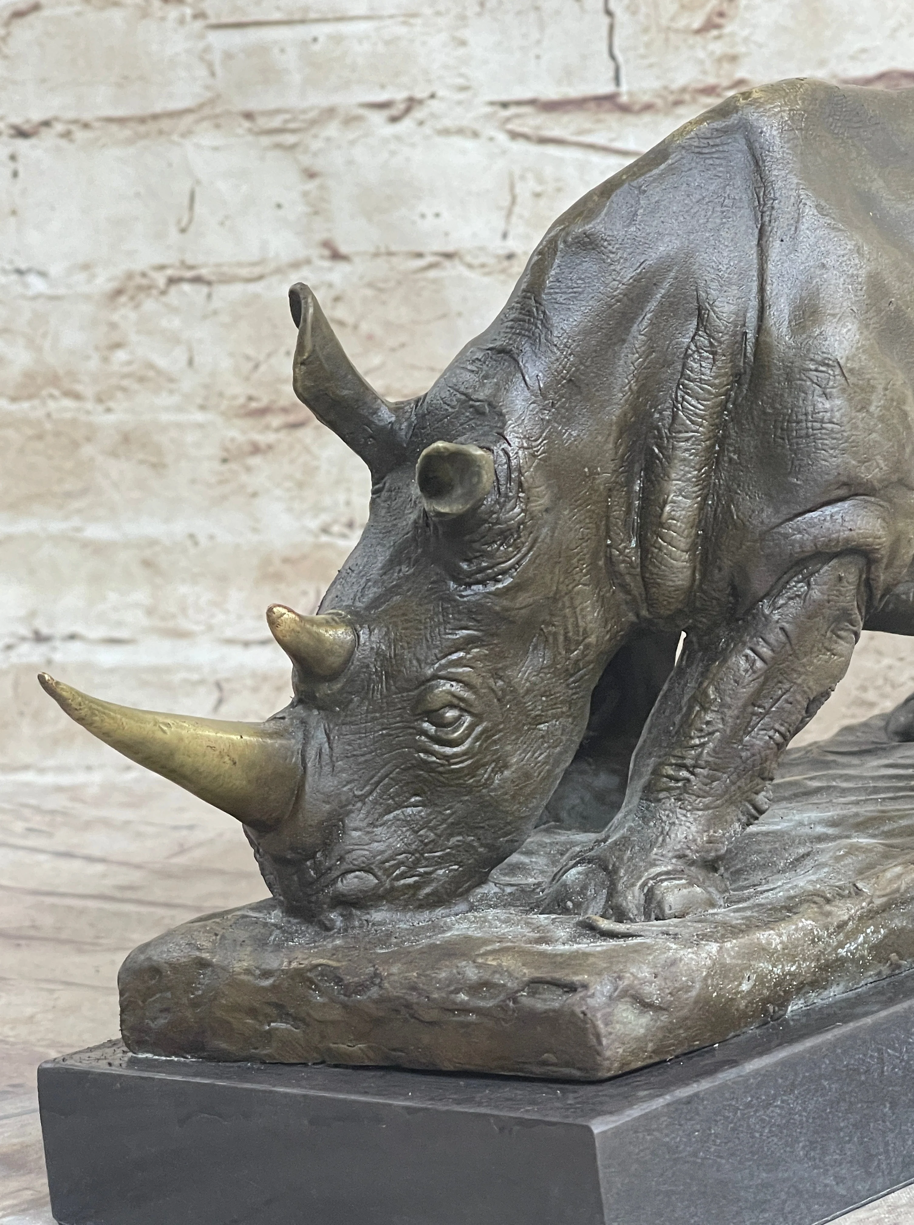 Bronze Metal Rhinoceros Rhino Statue Sculpture Figure Marble Base Barye Art 9" x 14" - Image 8