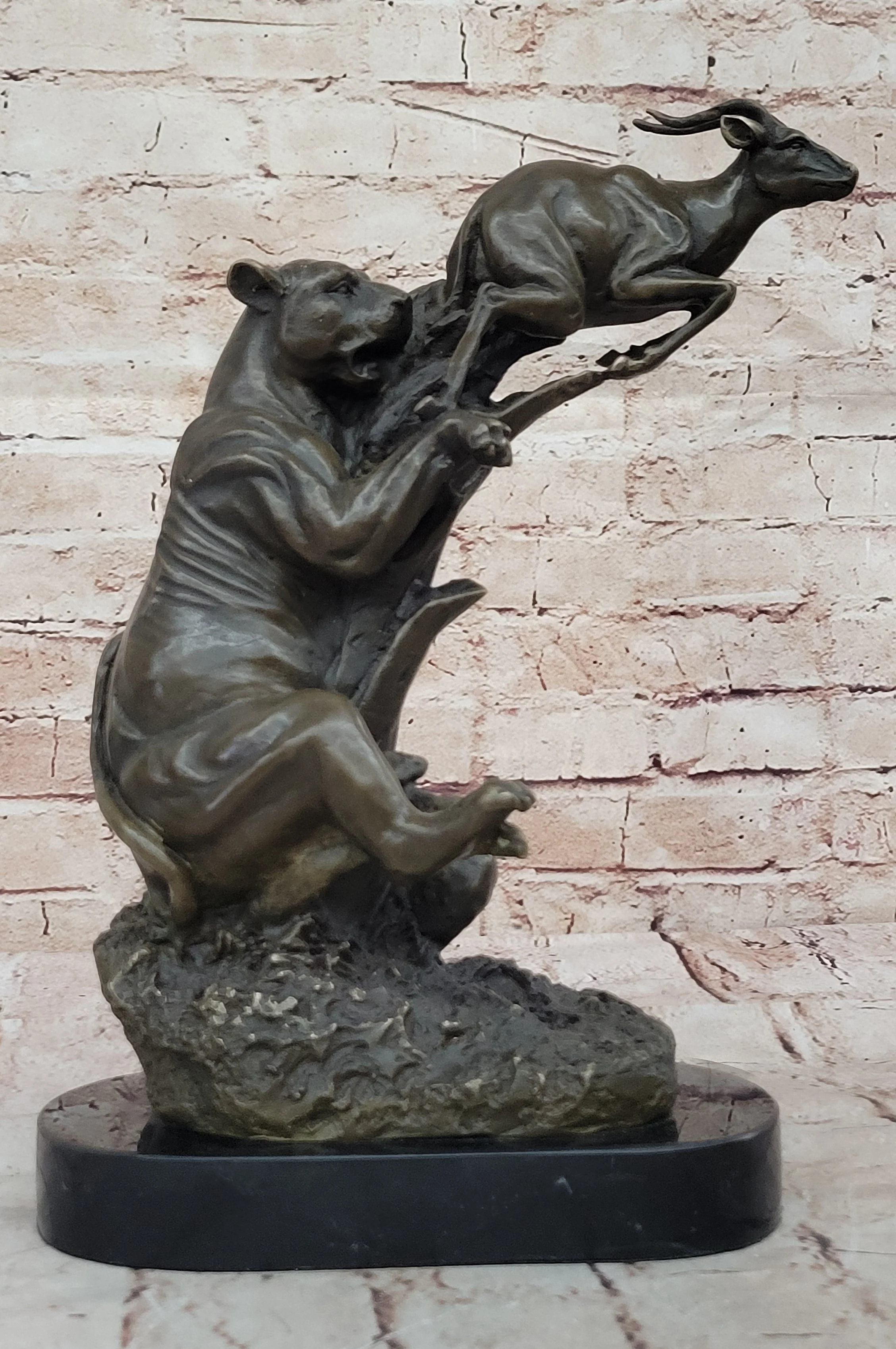 Bronze Statue Sculpture of Lion Hunting Gazelle Impala Handmade Art Decor Safari - Image 3