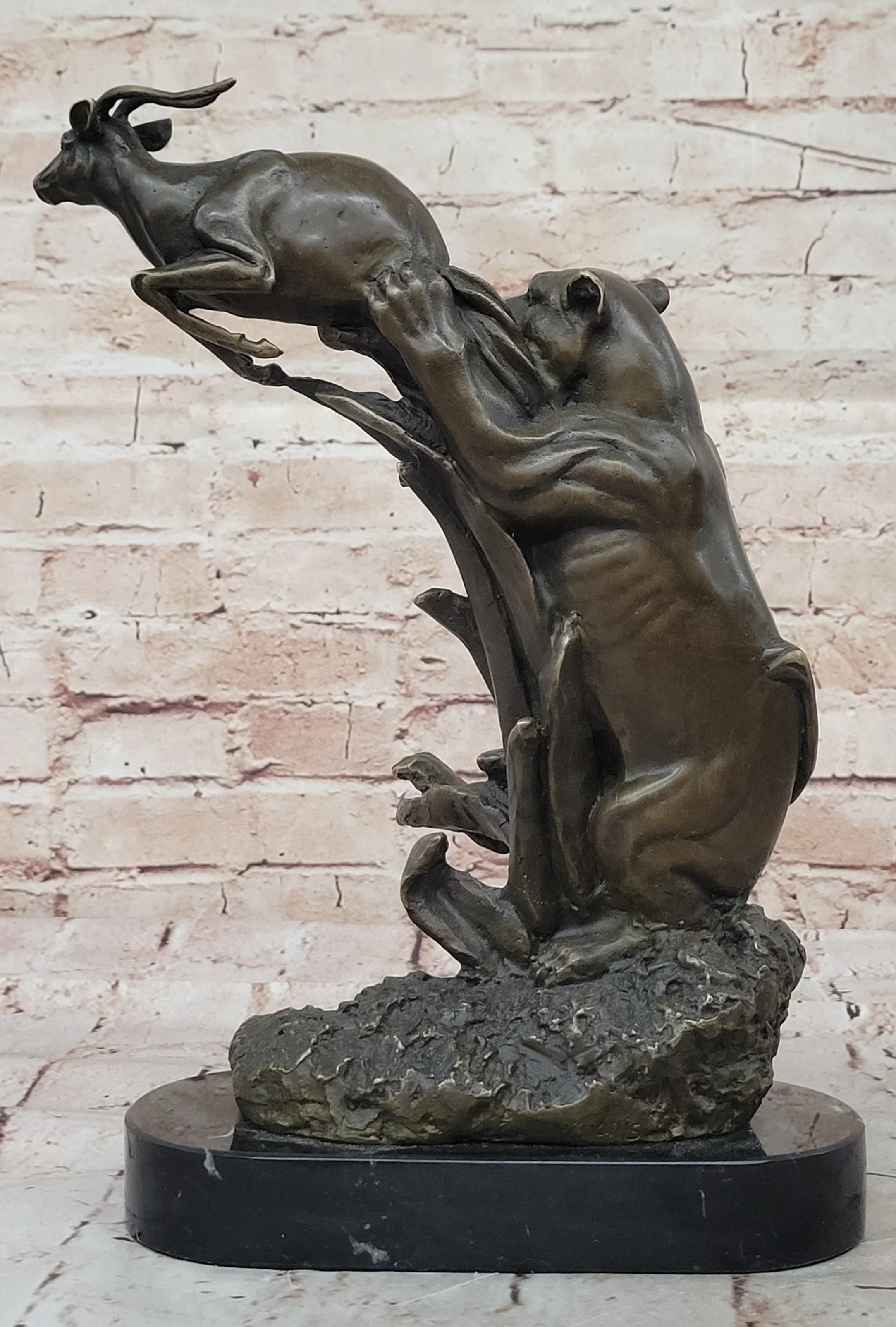 Bronze Statue Sculpture of Lion Hunting Gazelle Impala Handmade Art Decor Safari - Image 4